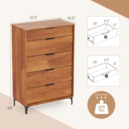 Glintex 48-Inch 5-Drawer Dresser with Interlock System and Metal Legs