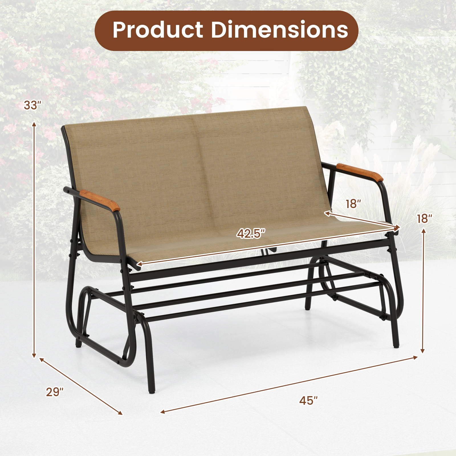 LJG Patio Glider Bench with Curved Teak Armrests and Breathable Fabric Seat for 2 People