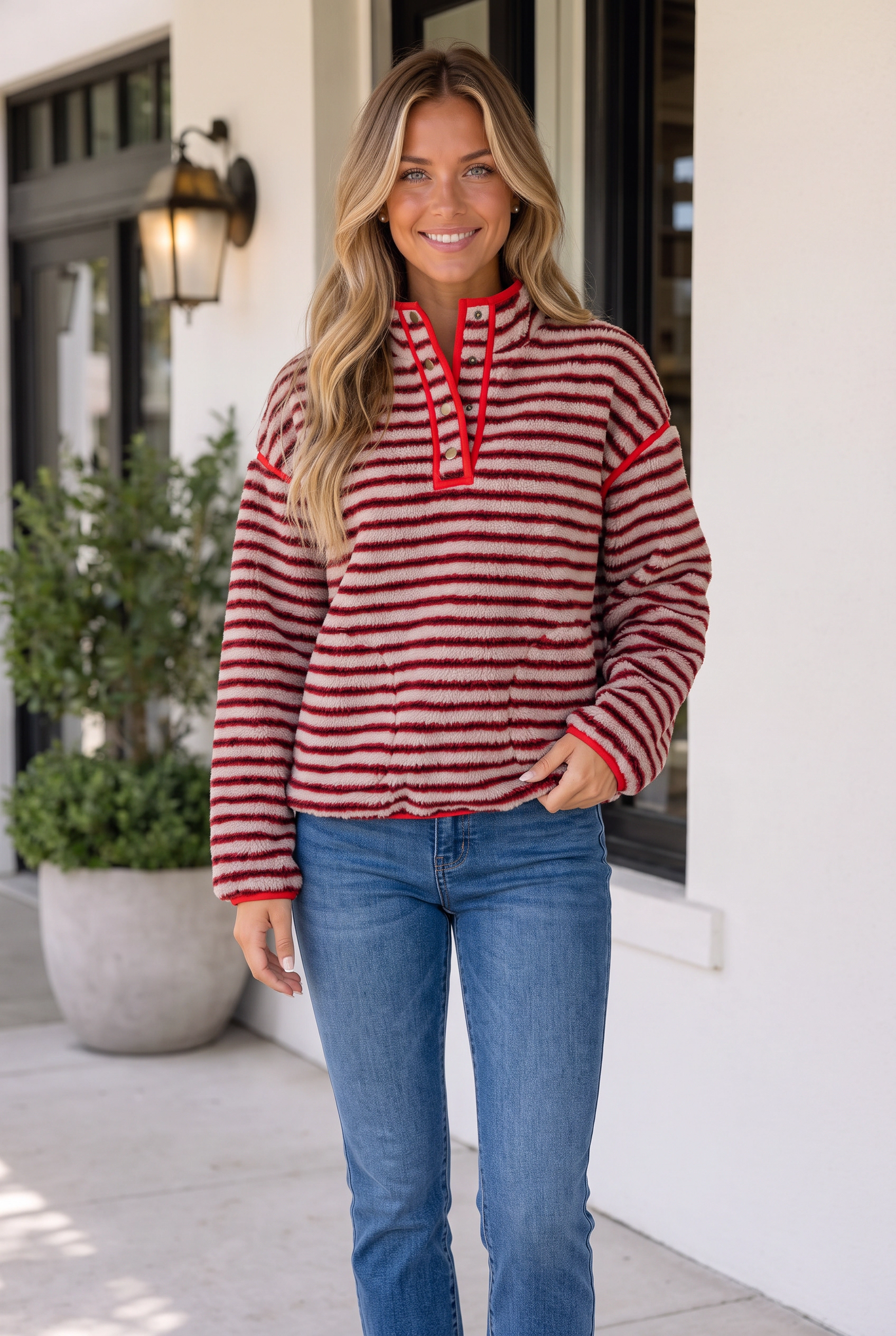 Threaded Pear Women's Lela Fuzzy Colorblock Placket Sweatshirt