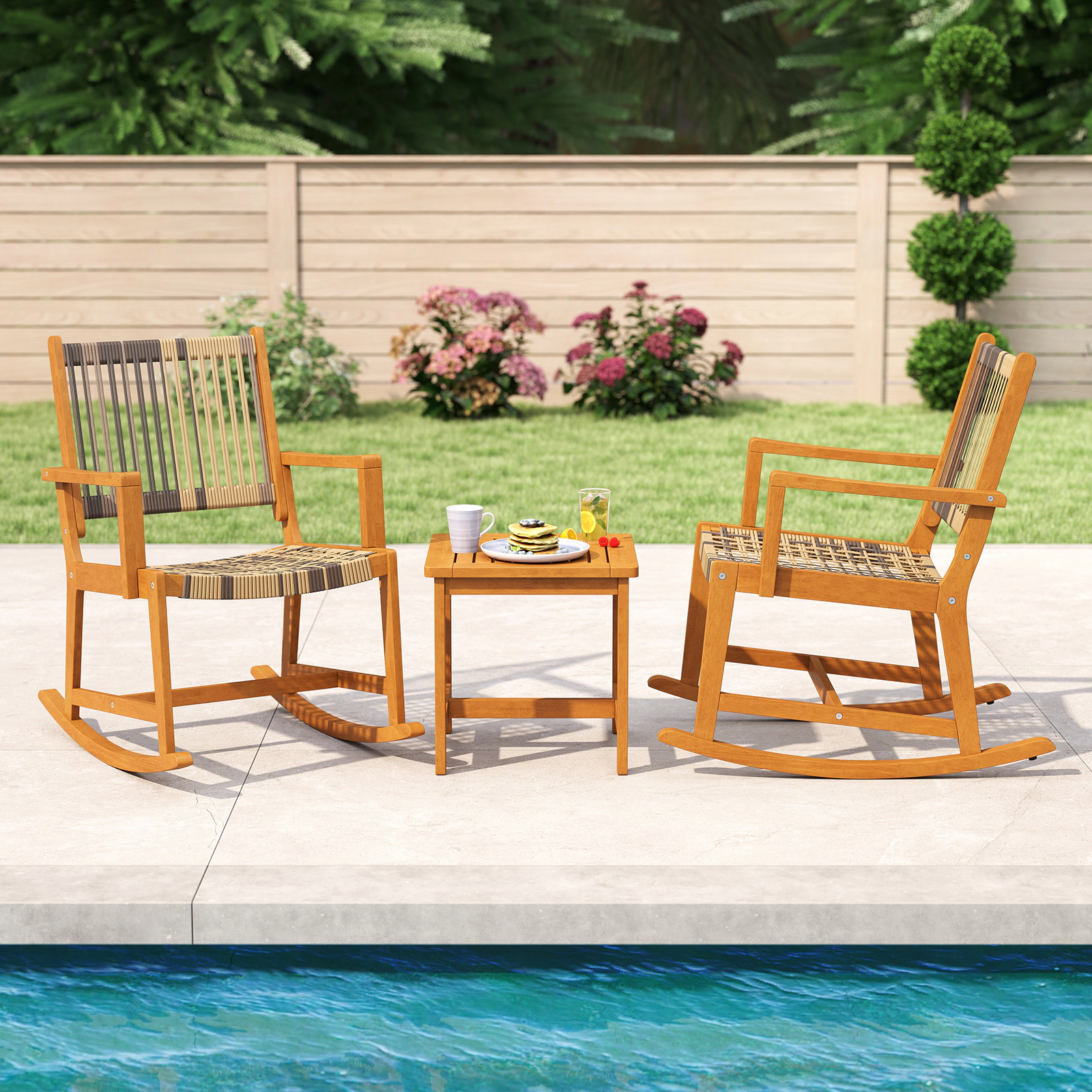 SUGIFT 3-Piece Acacia Wood Outdoor Rocking Chair Set, PE Rattan Seats and 18-Inch Side Table