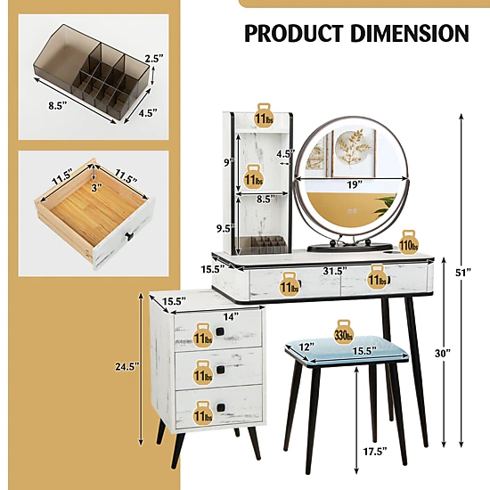 SUGIFT White Vanity Table Set with 3-Color Lighted Mirror, Wireless Charging and 3-Drawer Chest