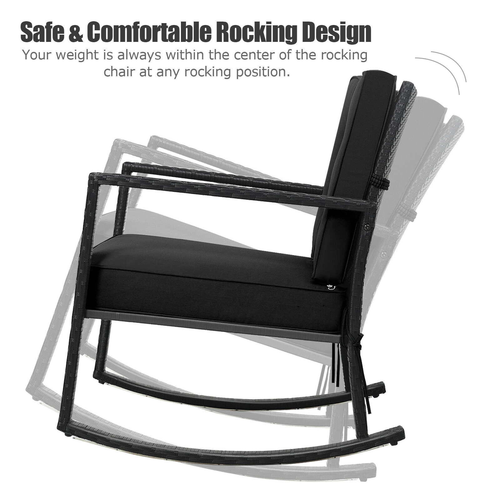 SUGIFT Black Rattan Outdoor Rocking Chair with 5-Inch Cushion