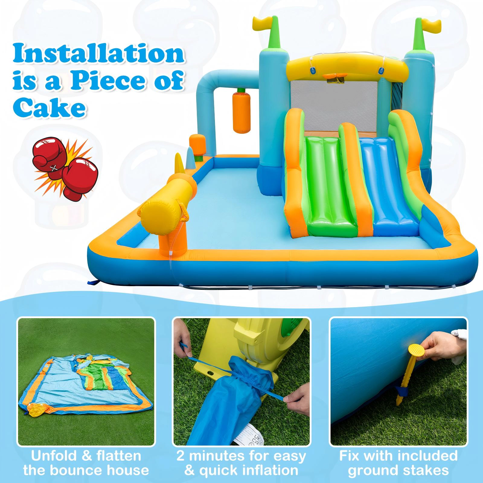 SUGIFT Dual Slides Bouncing Mat and 735W Blower for Ages 3-10 Kids Inflatable Water Slide