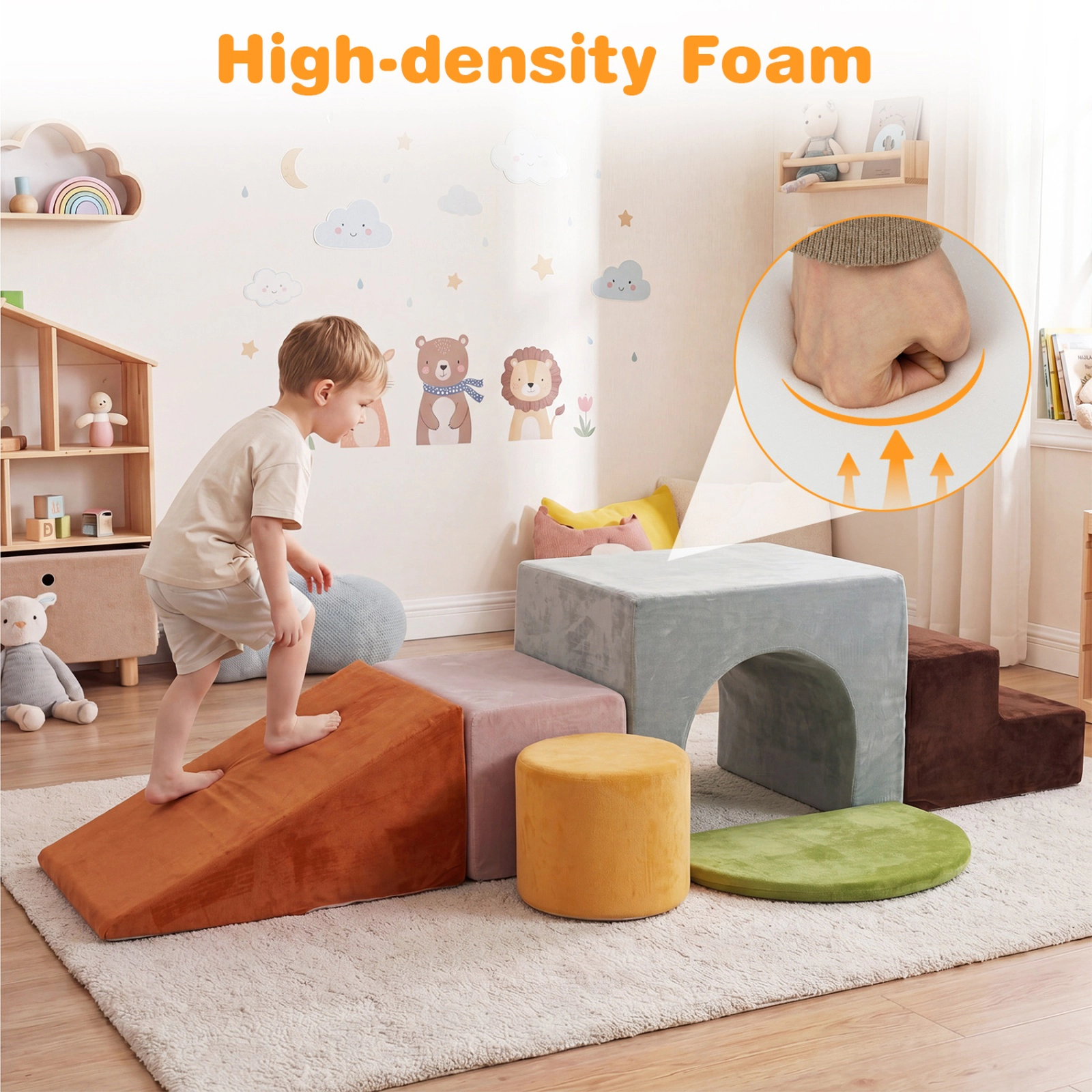 SUGIFT 6 Piece Foam Climbing Blocks Gray for Toddlers with Slide Arch and Tunnel