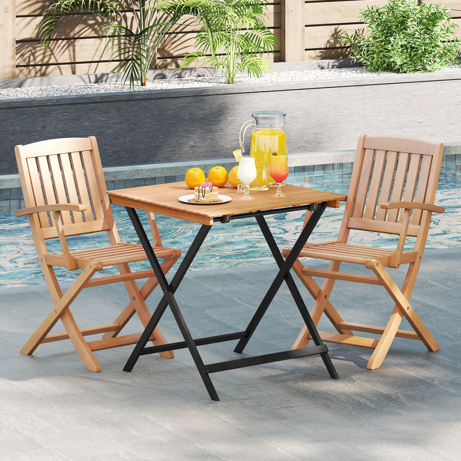 SUGIFT 28-in Patio Folding Square Table with Slatted Tabletop 180-lb Capacity for Backyard Porch Natural + Black