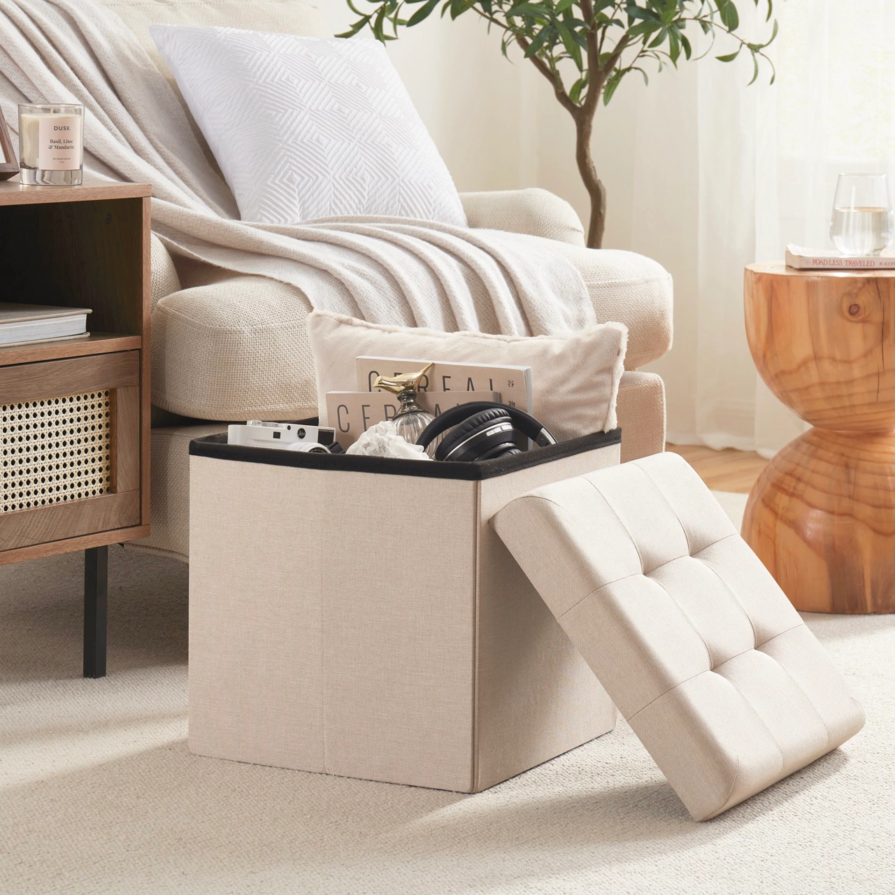 Ornavo Home 15" Collapsible Square Cube Storage Ottoman, Perfect for Dorms, Livingroom and Bedroom