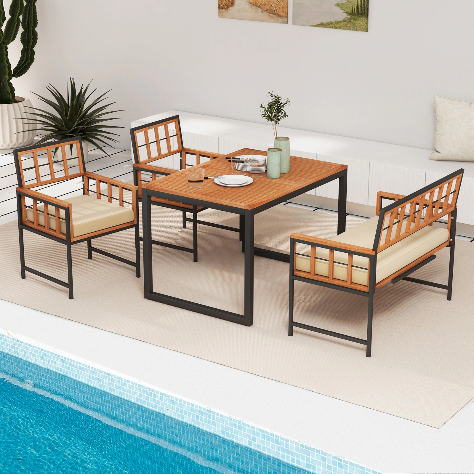 LJG 4 Pieces Acacia Wood Patio Dining Set with 1 Rectangular Table