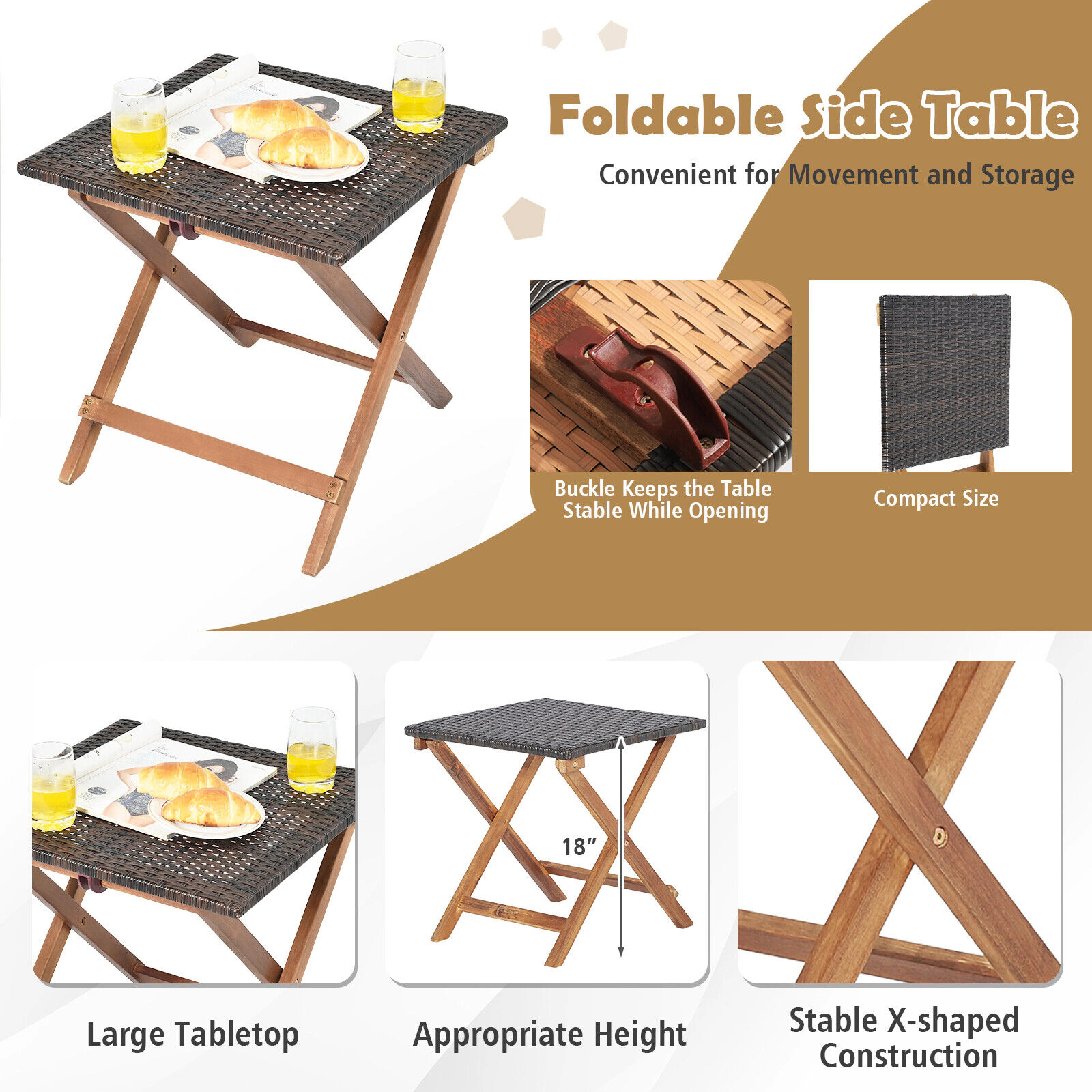 SUGIFT 4-Level Folding Side Table Acacia Wood PE Rattan Patio Chaise Lounge 79-in x 28-in 800-lb Capacity Brown