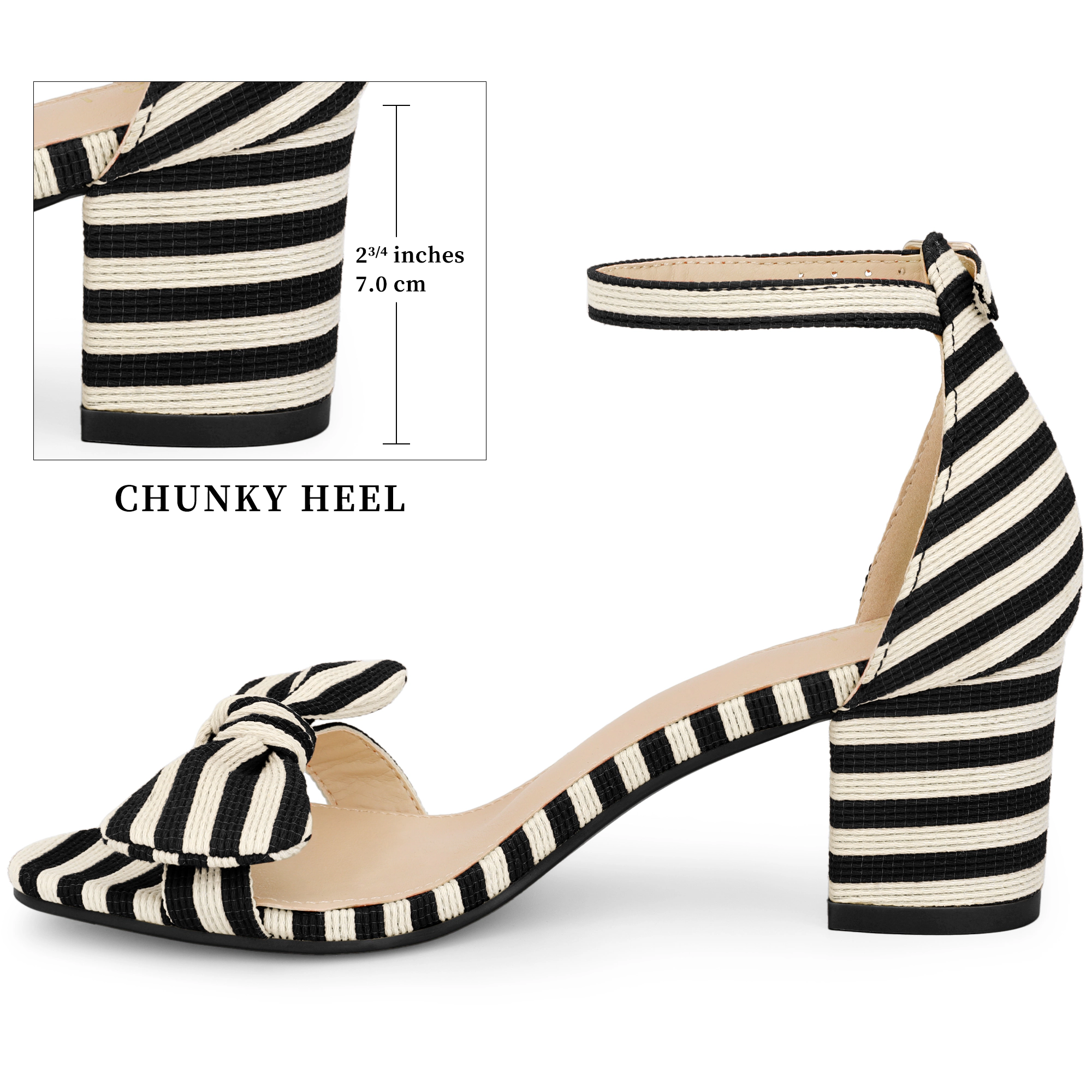 BLISSFUL STEP Women's Stripe Bow Ankle Strap Chunky Heel Open Toe Block Sandals