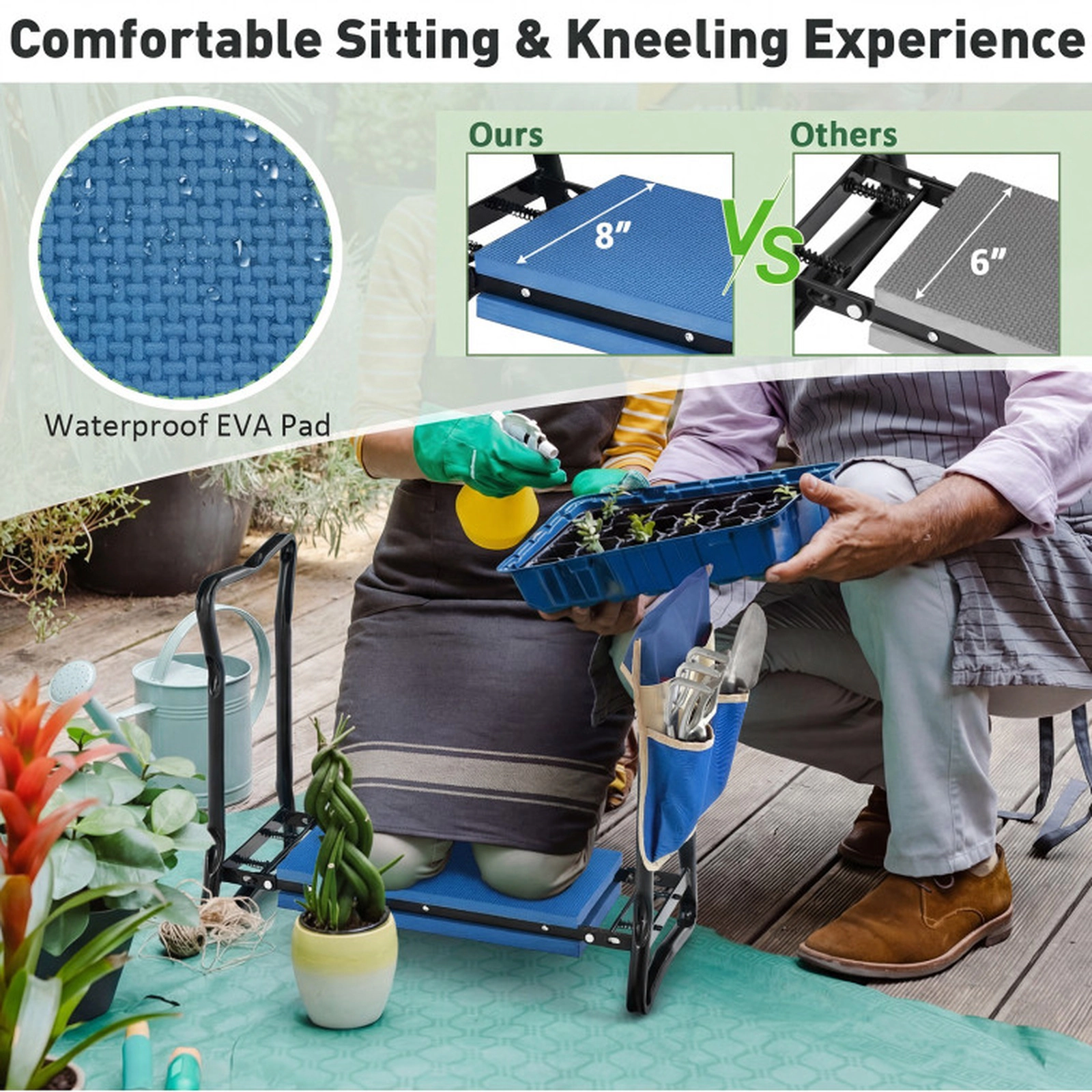 SUGIFT Folding Steel Frame Handle EVA Seat Pad Garden Kneeler Stool 23-in x 11-in x 19.5-in 300-lb Capacity Blue