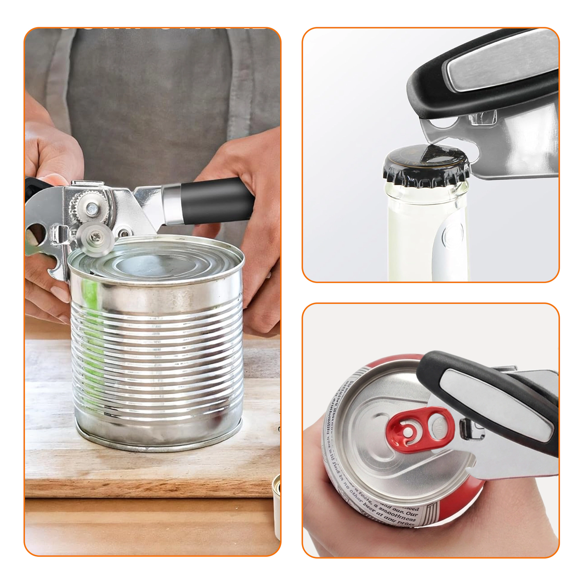Cheer Collection Heavy-Duty Stainless Steel Can Opener with Soft Grip Handles and Bottle Opener