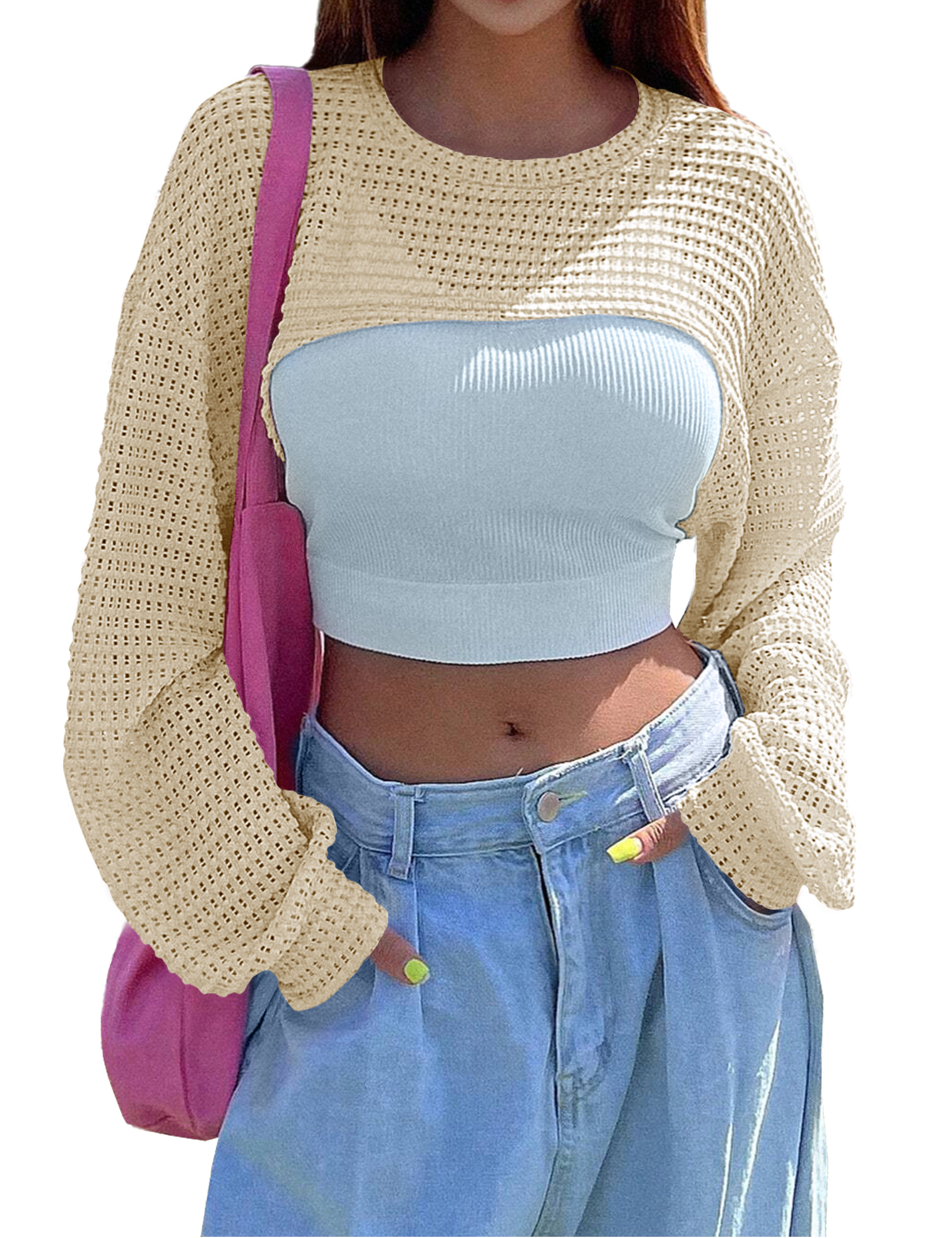 KOJOOIN Women's Knitted Cropped Top Long Sleeve Hollow Out Shrug Sweater Y2K Knit Cover Up Tops