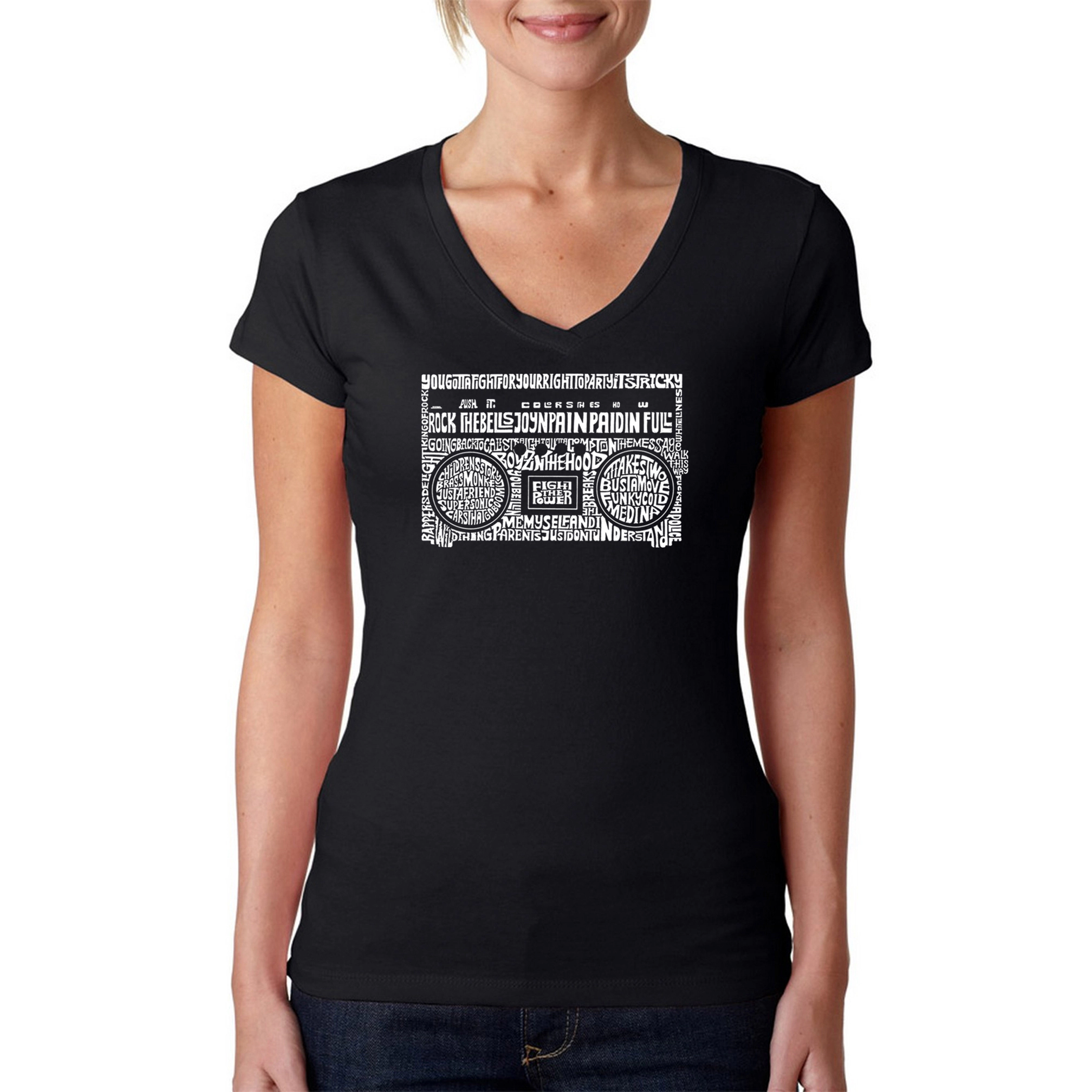 LA Pop Art Womens Word V-Neck T-Shirt - Greatest Rap Hits of The 1980's