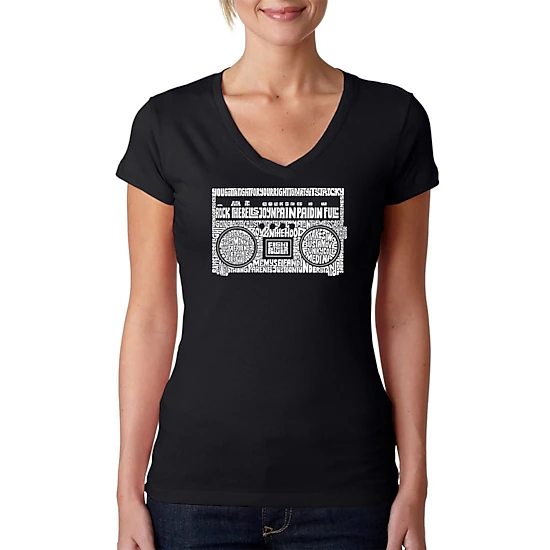 LA Pop Art Womens Word Art V-Neck T-Shirt - Greatest Rap Hits of The 1980's