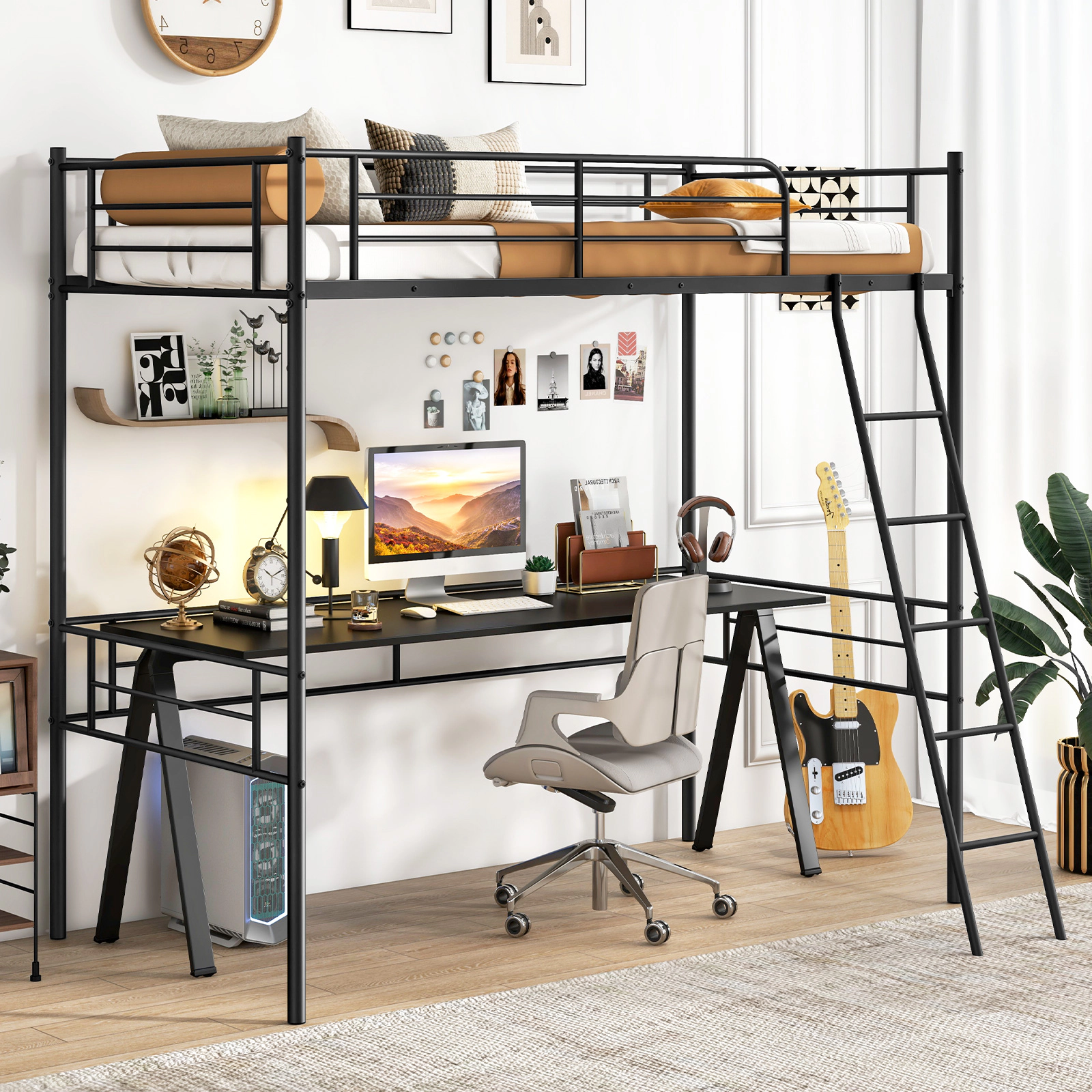 SUGIFT Twin Metal Loft Bed with 5-Step Ladder, 12-Inch Guardrails and 61-Inch Under-Bed Clearance, Black