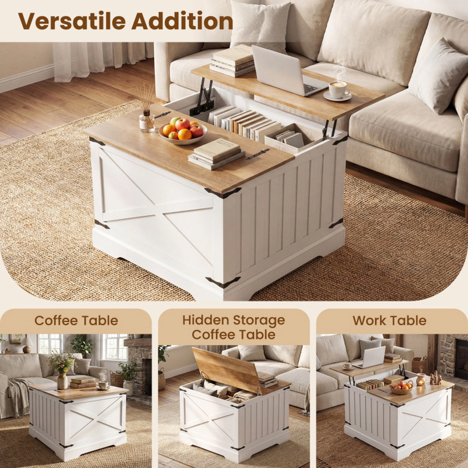 SUGIFT Farmhouse Lift Top Coffee Table with Hidden Storage Compartment 31.5-in Square Brown
