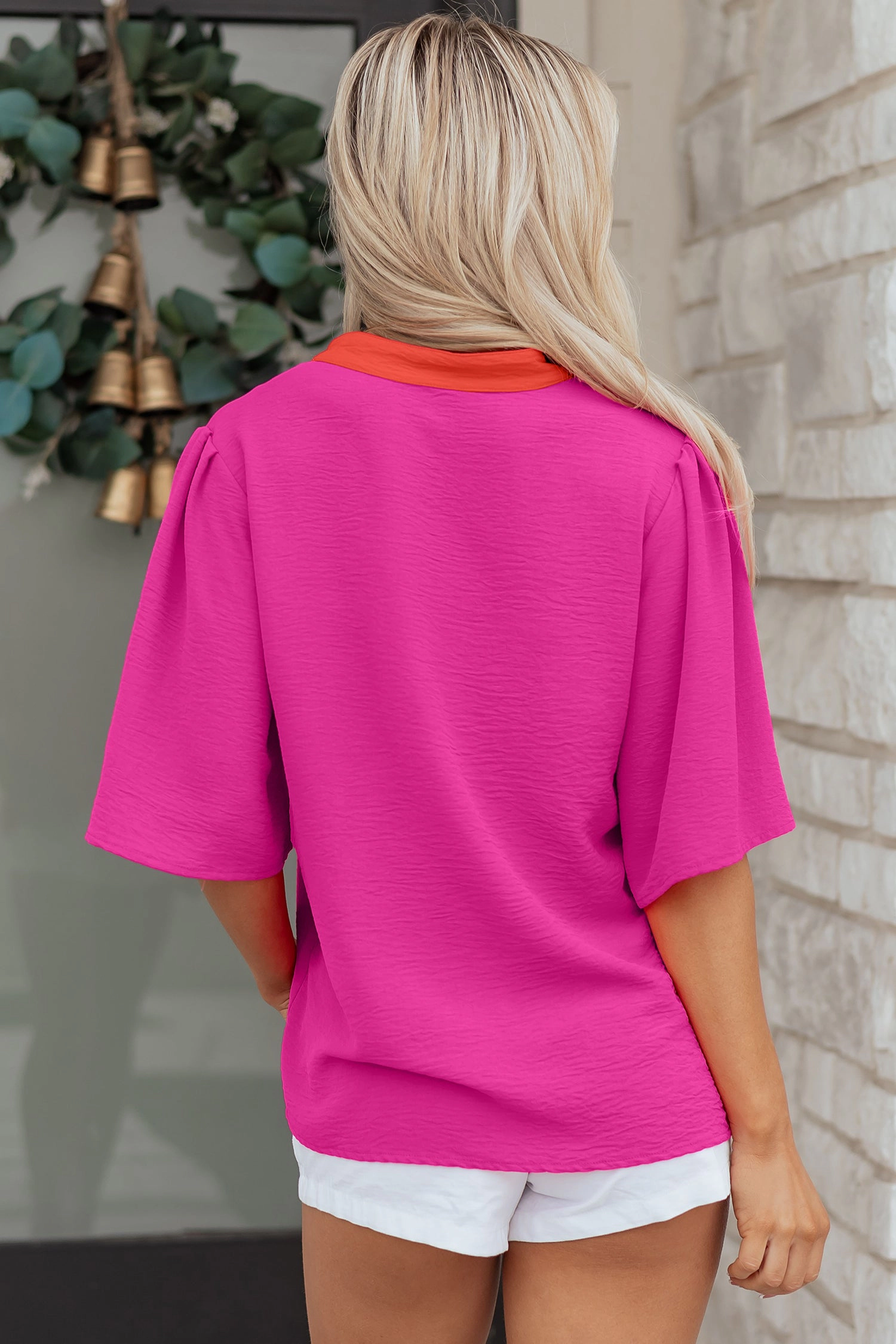 Threaded Pear Chelsea Wide Short Sleeve Top - Rose Red, 100% Polyester