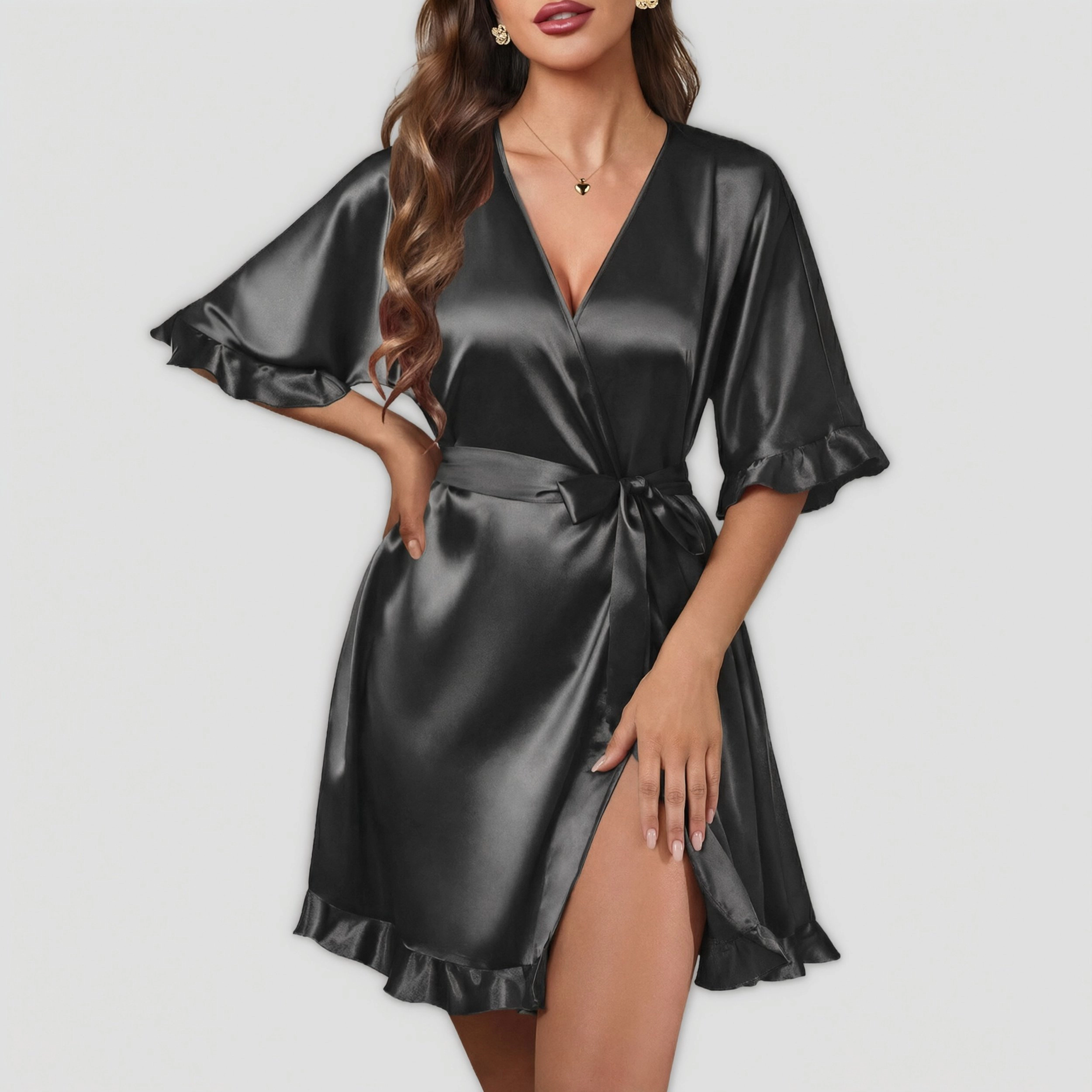 Ekouaer Womens Silk Ruffle Robe Short Satin Kimono Half Sleeve Bathrobe Bridesmaid Wedding