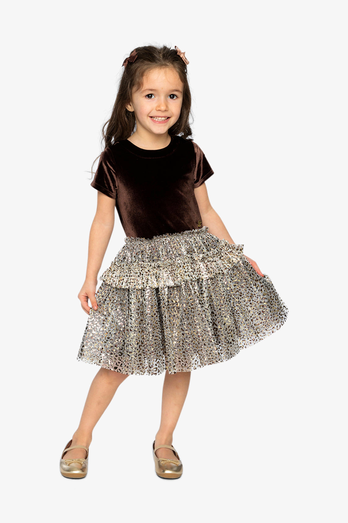 Deux par Deux Girls Bi-Material Short Sleeve Dress with Metallic Leopard Printed Mesh Skirt