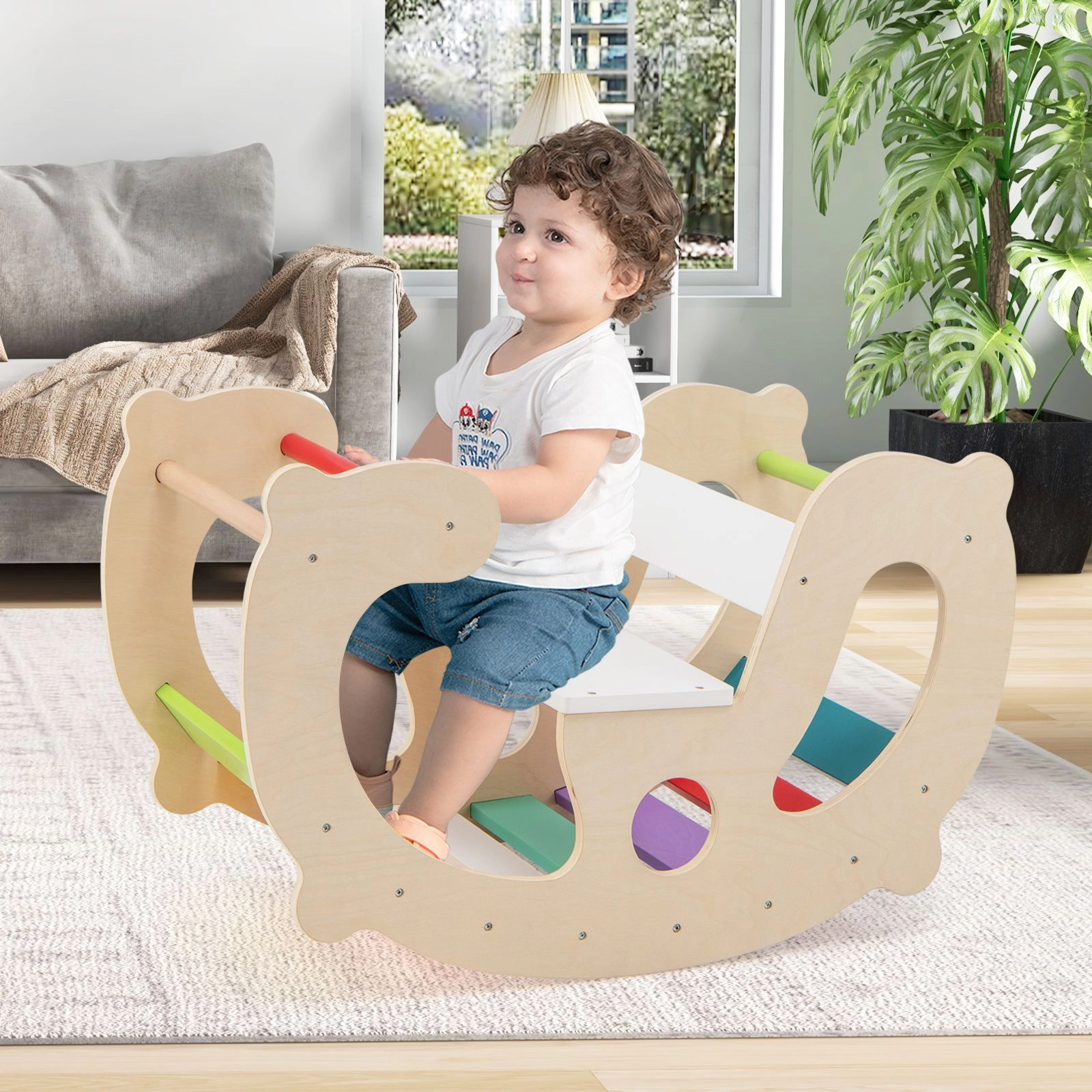 Slickblue 2-in-1 Wooden Climbing Arch Rocker Toy for Toddlers