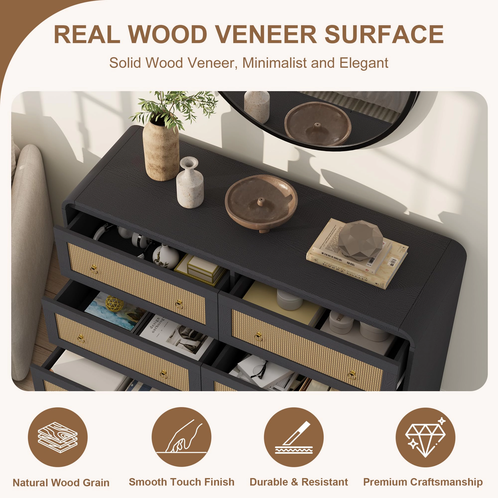 6 Drawer Rattan Dresser with Rounded Corners, 46" Wide Modern Wooden Storage Cabinet for Bedroom Living Room