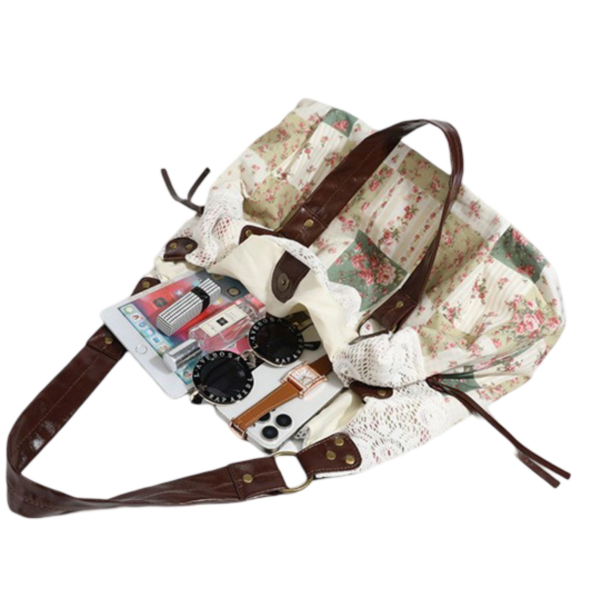 Alilang Women's Patchwork Shoulder Bag with Crochet Lace Detail and Faux Leather Straps