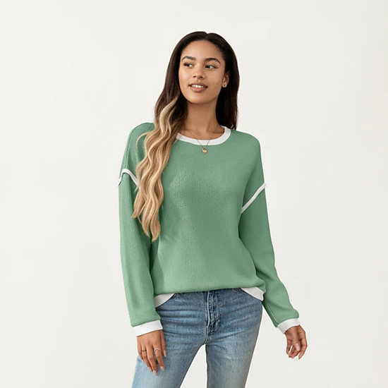 Anna-Kaci Women's Contrast Trim Relaxed Fit Long Sleeve Knit Top