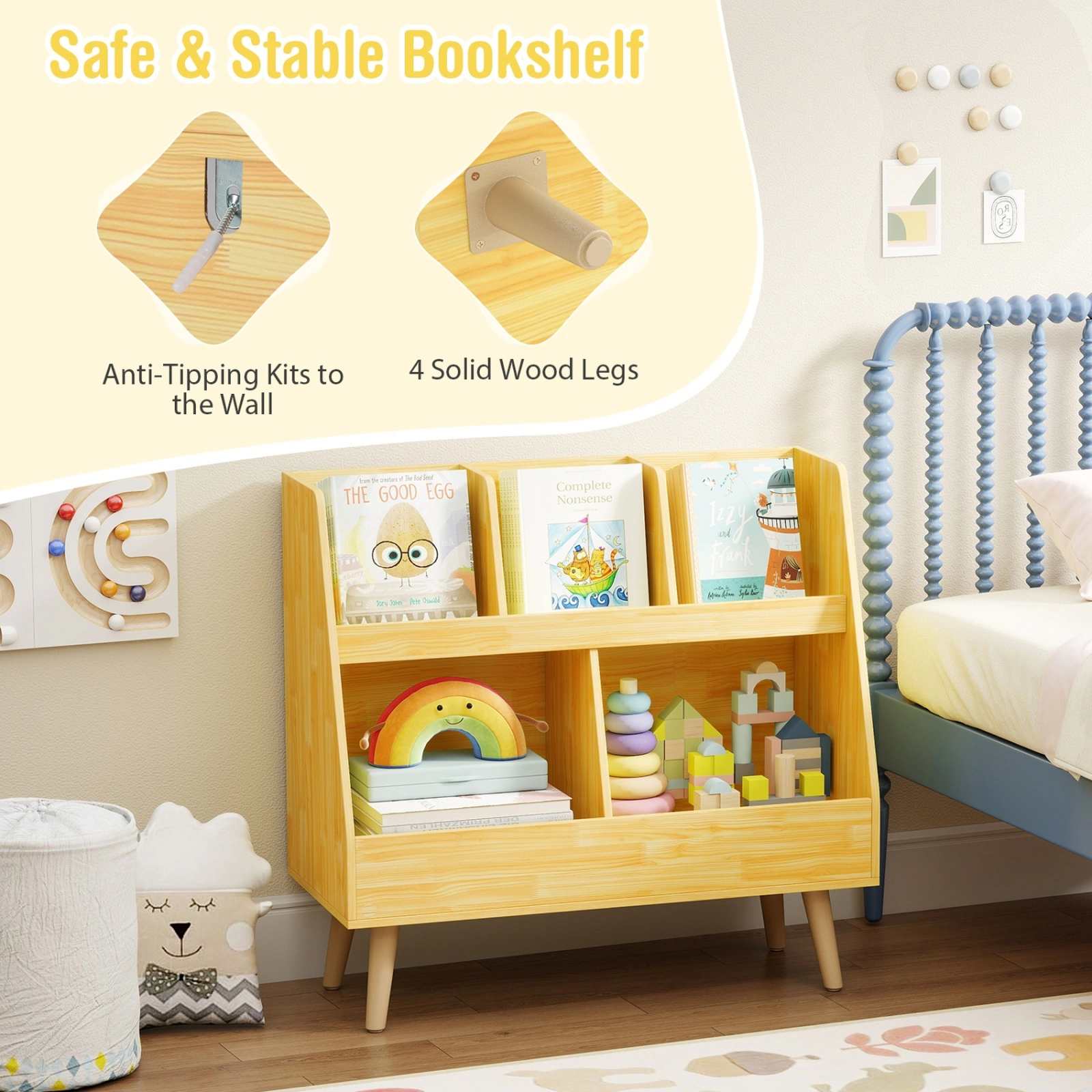 SUGIFT 5-Cube 68-lb Capacity 30-in Oak Kids Bookshelf and Toy Organizer with Anti-Tipping Kits and Wood Legs