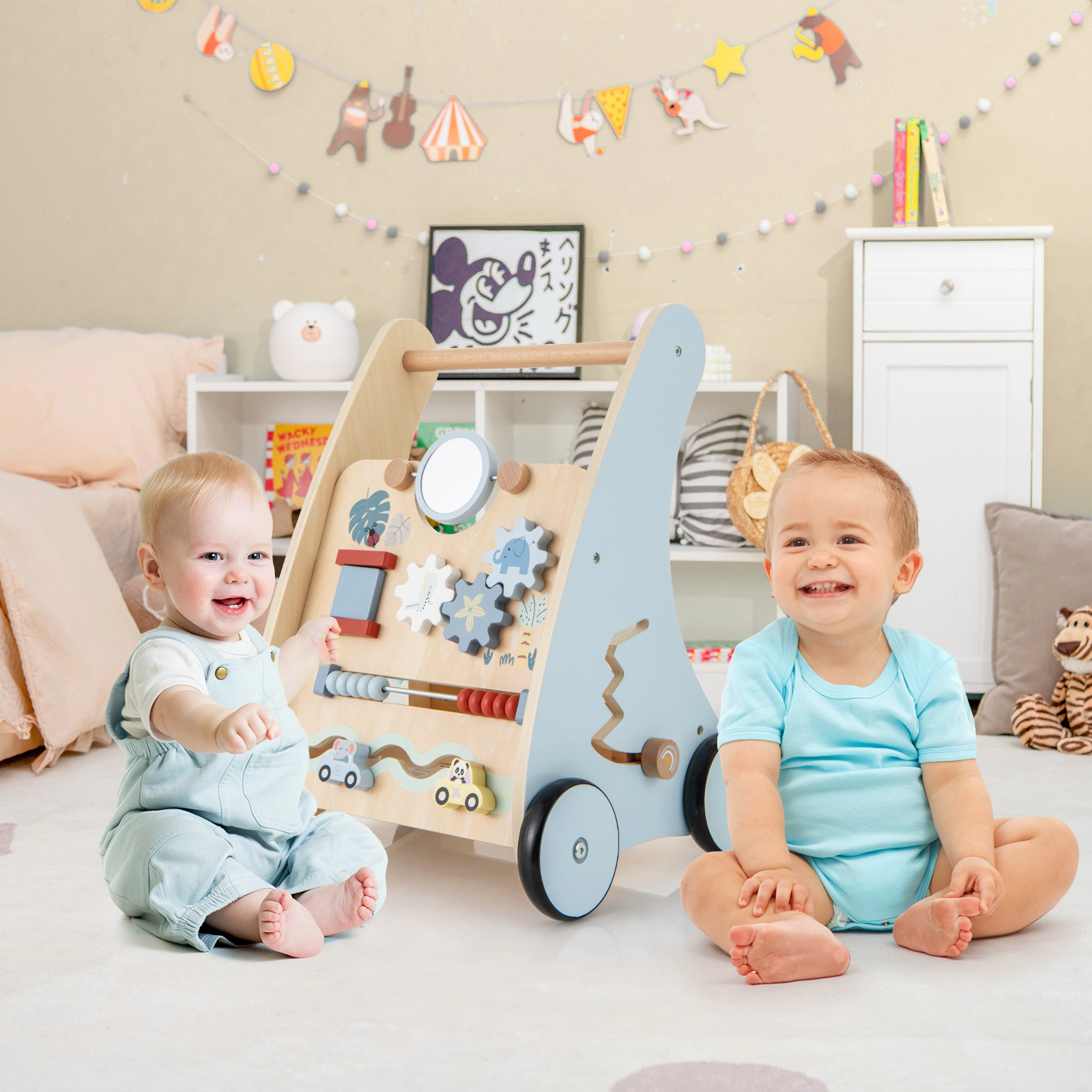 SUGIFT Wooden Baby Push and Pull Walker with Multi-Activity Learning Center 18-in Tall 3+ Years Blue
