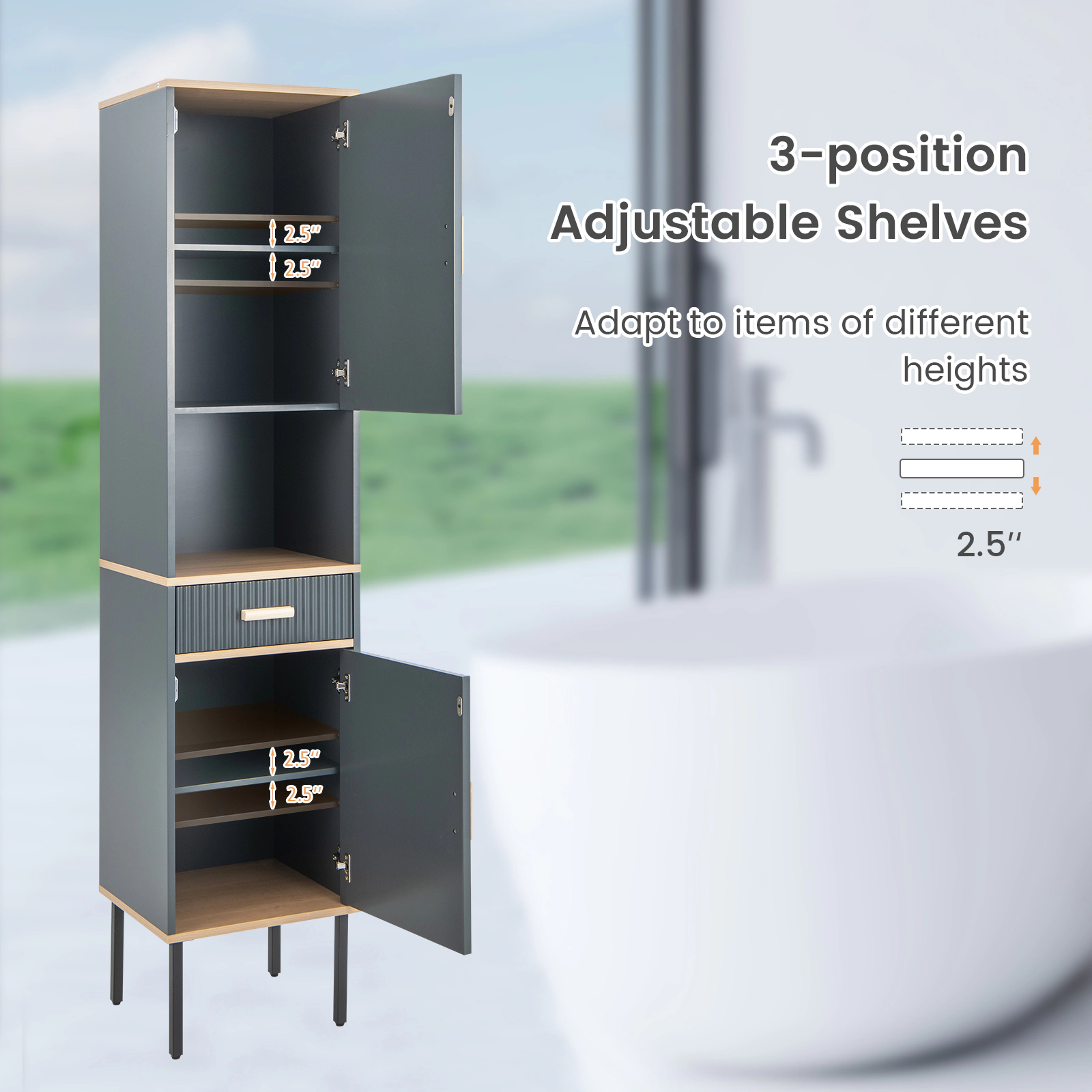 Slickblue Tall Slim Bathroom Storage Cabinet Gray MDF Metal Legs Drawer Adjustable Shelves