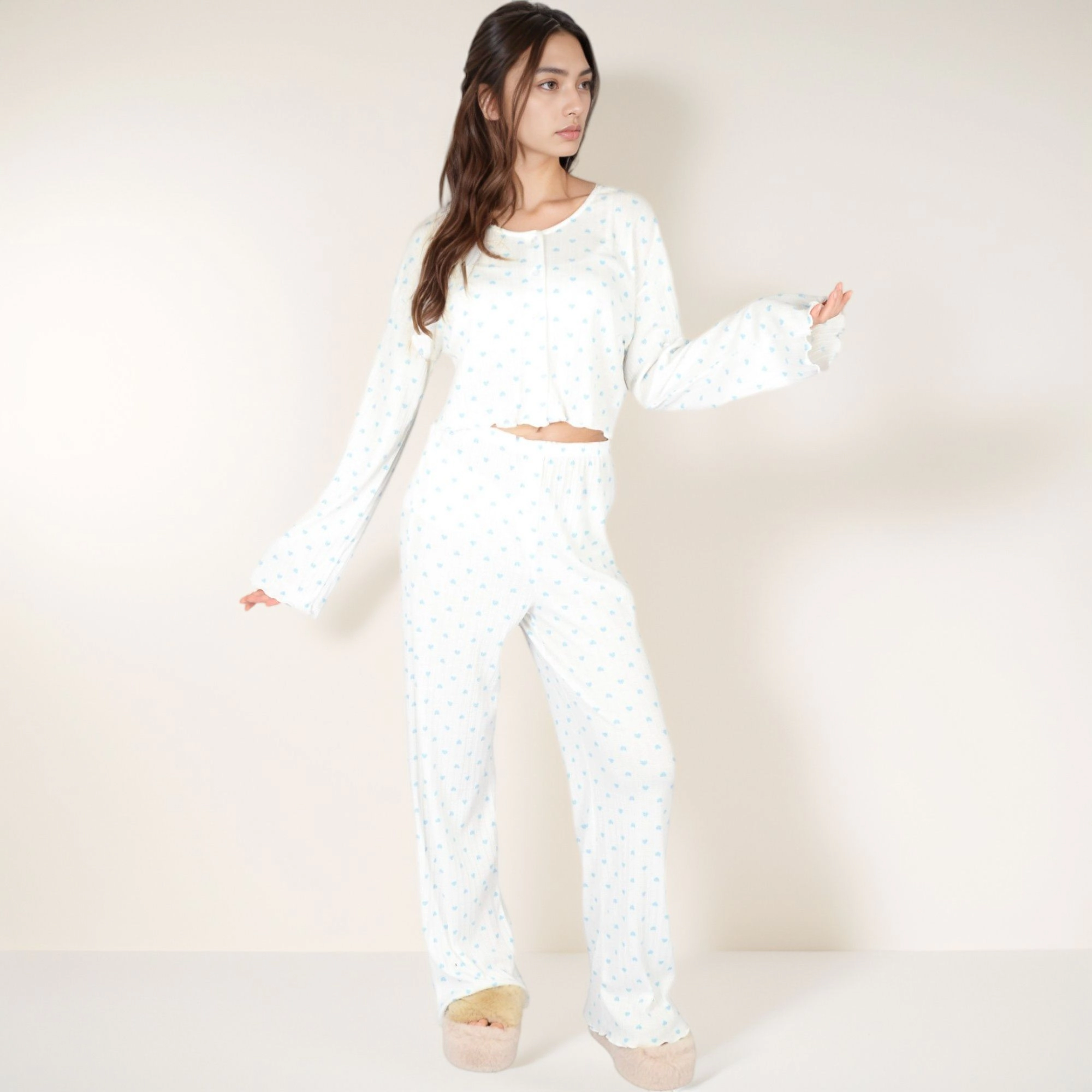 Anna-Kaci Women's Valentine Heart Print Long Sleeve Cropped Top and Wide Leg Pajama Pants Lounge Set
