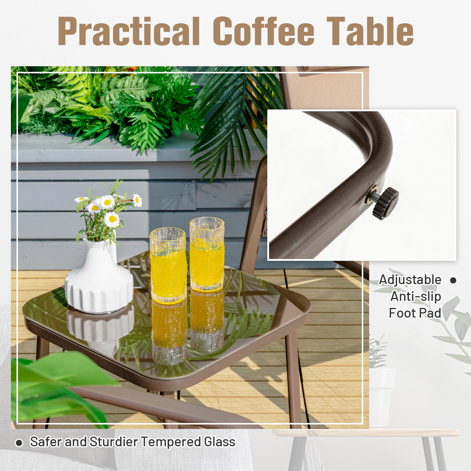 SUGIFT 3-Piece Black Patio Bistro Set, Folding Reclining Chairs and Tempered Glass Table