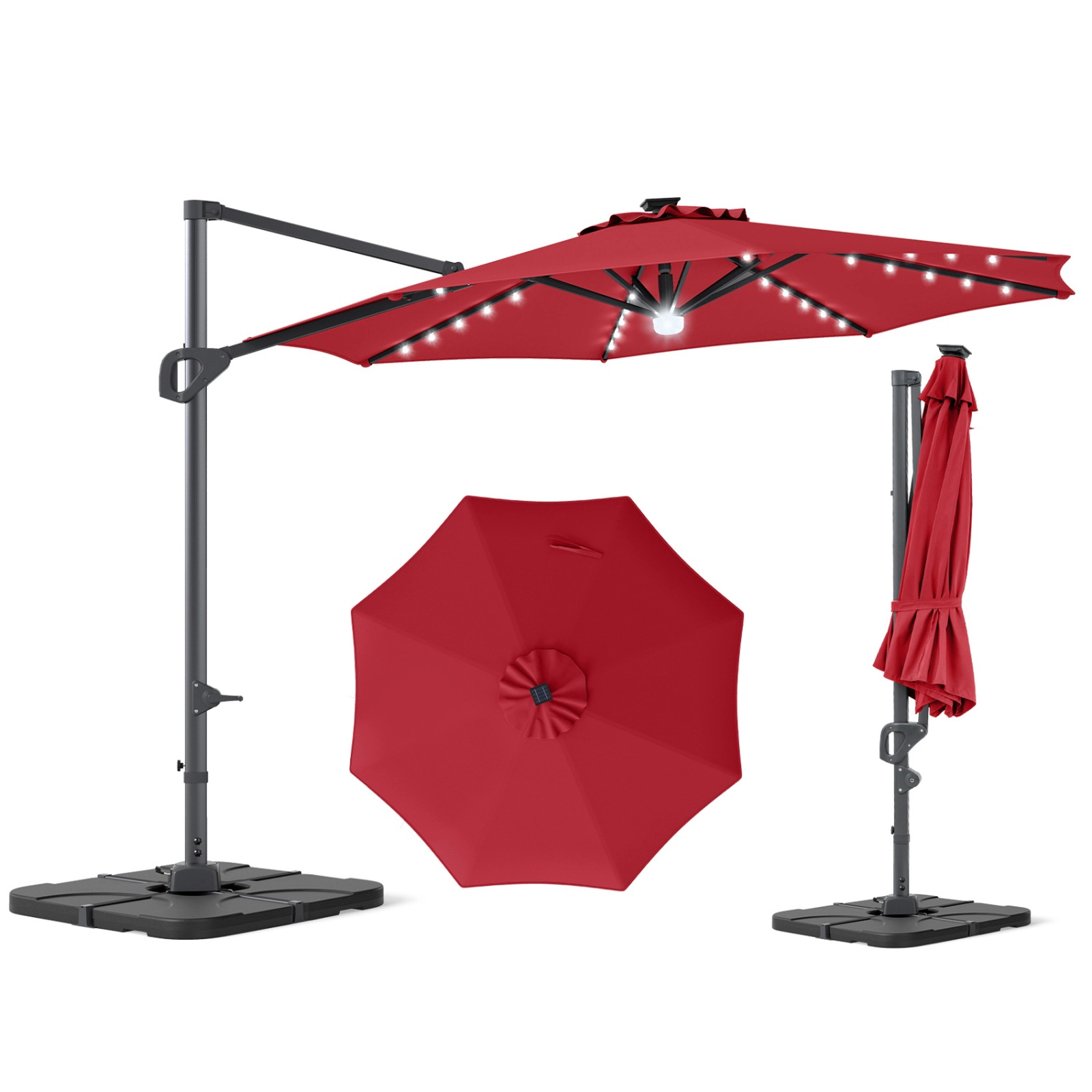 SUGIFT 10-ft Cantilever Patio Umbrella with 35 Solar LED Lights & 220-lb Fillable Base Tan/Beige/Navy/Gray/Wine + Black