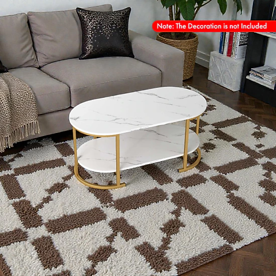 Hivvago Spacious Two-Layer Wooden Coffee Table with Oval Top and Storage Shelf