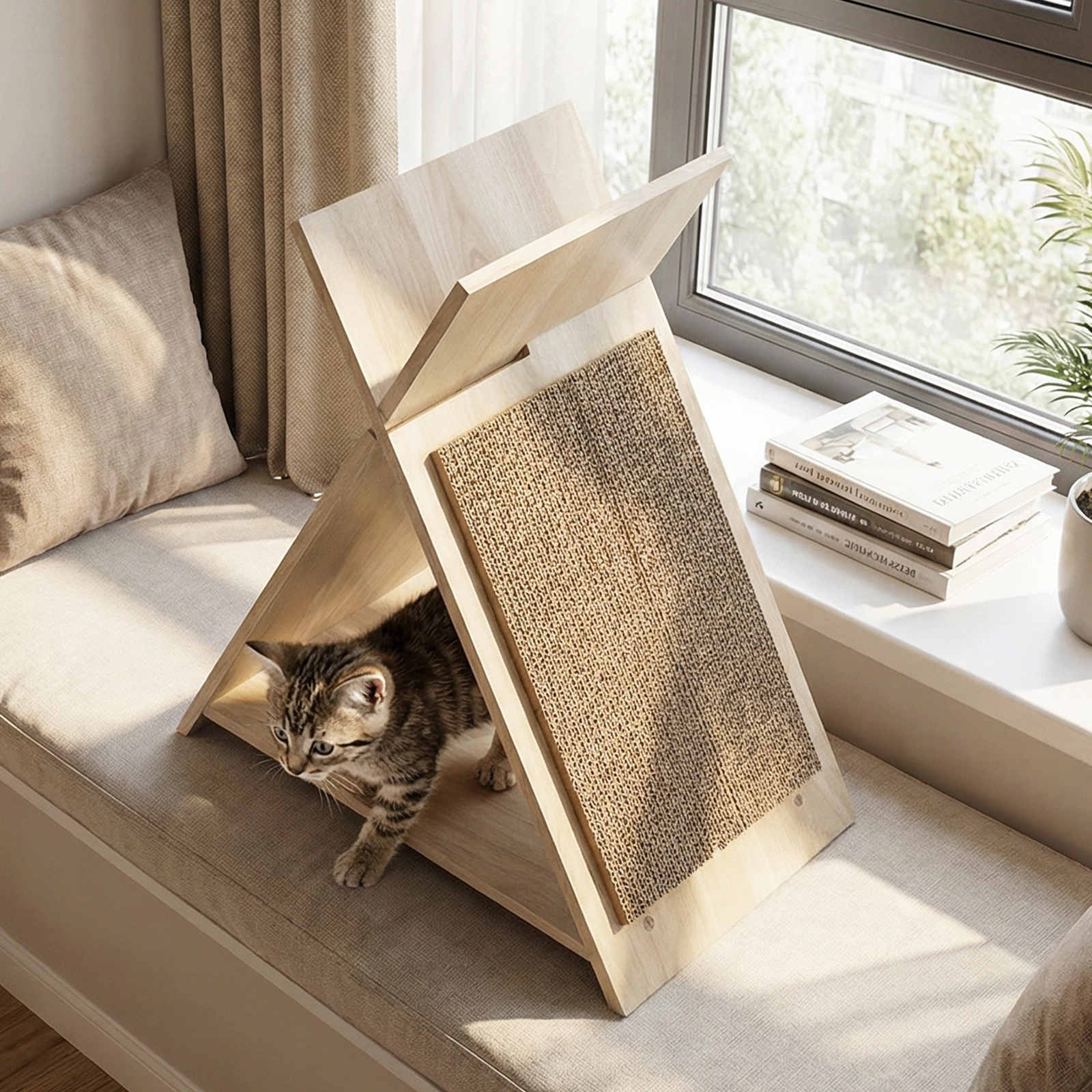 SUGIFT Cat Scratcher Natural with Corrugated Cardboard Tunnel and Wooden Lounge