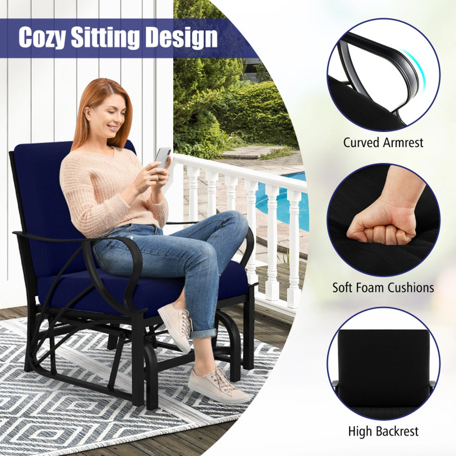 SUGIFT 330-lb Capacity Cushioned Metal Outdoor Patio Glider Rocking Chair with Curved Armrests and Backrest