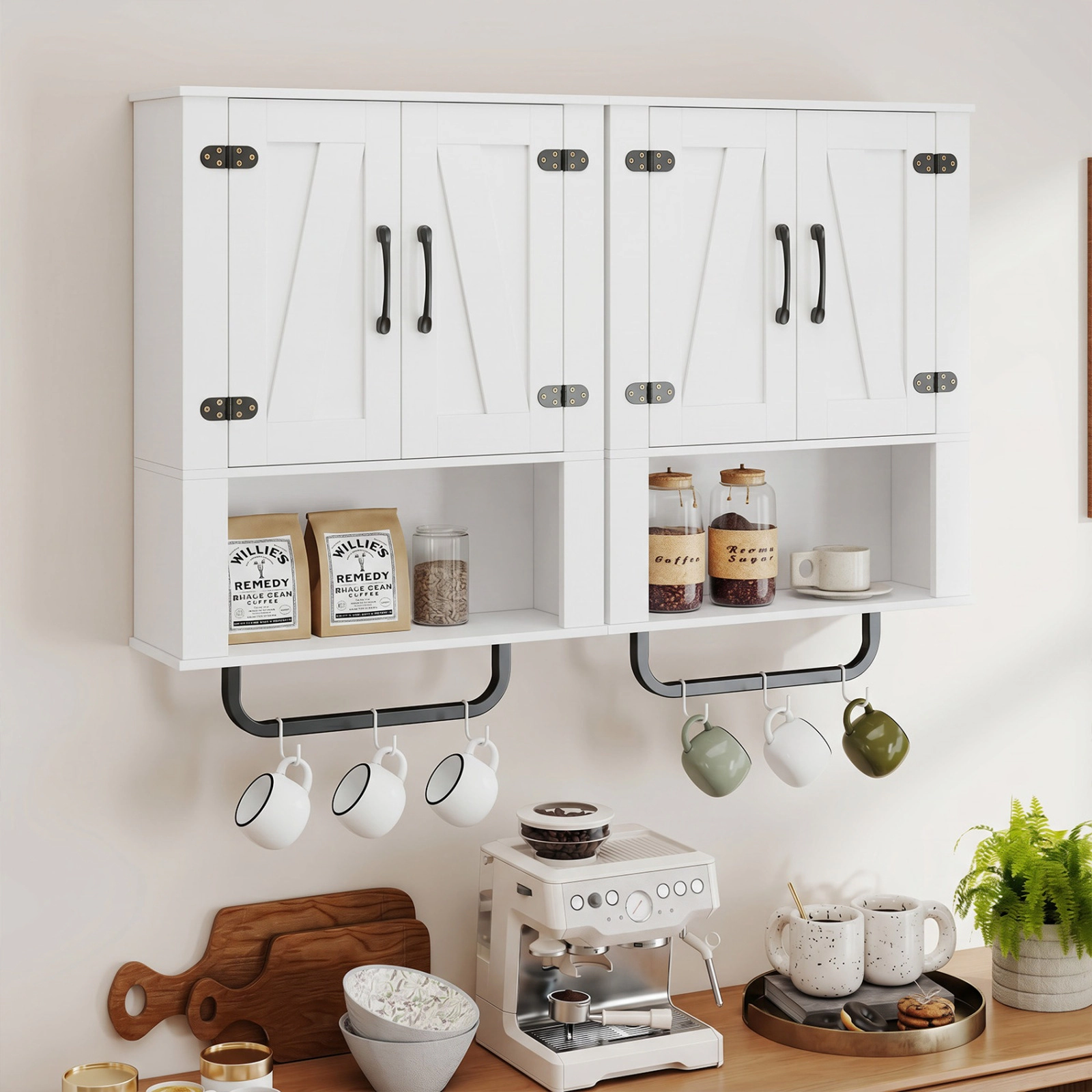 SUGIFT White 11-lb Per Shelf 2-Barn-Door Wall Mounted Bathroom Storage Cabinet with Towel Bar and 3-Tier Shelves