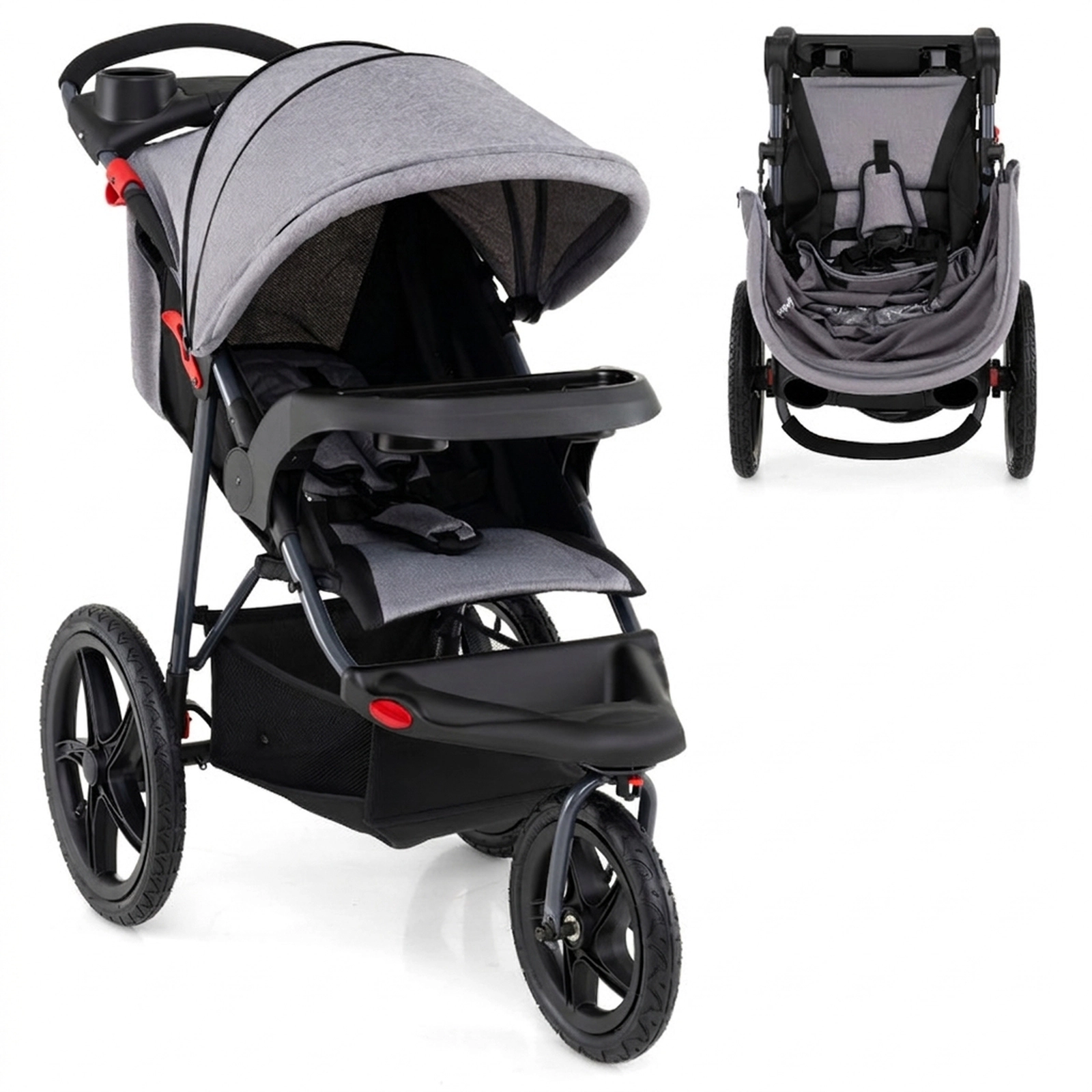 SUGIFT Baby Gray Foldable Jogging Stroller with Detachable Tray and Air-Filled Tires 45-in W 33-lb Seat Capacity