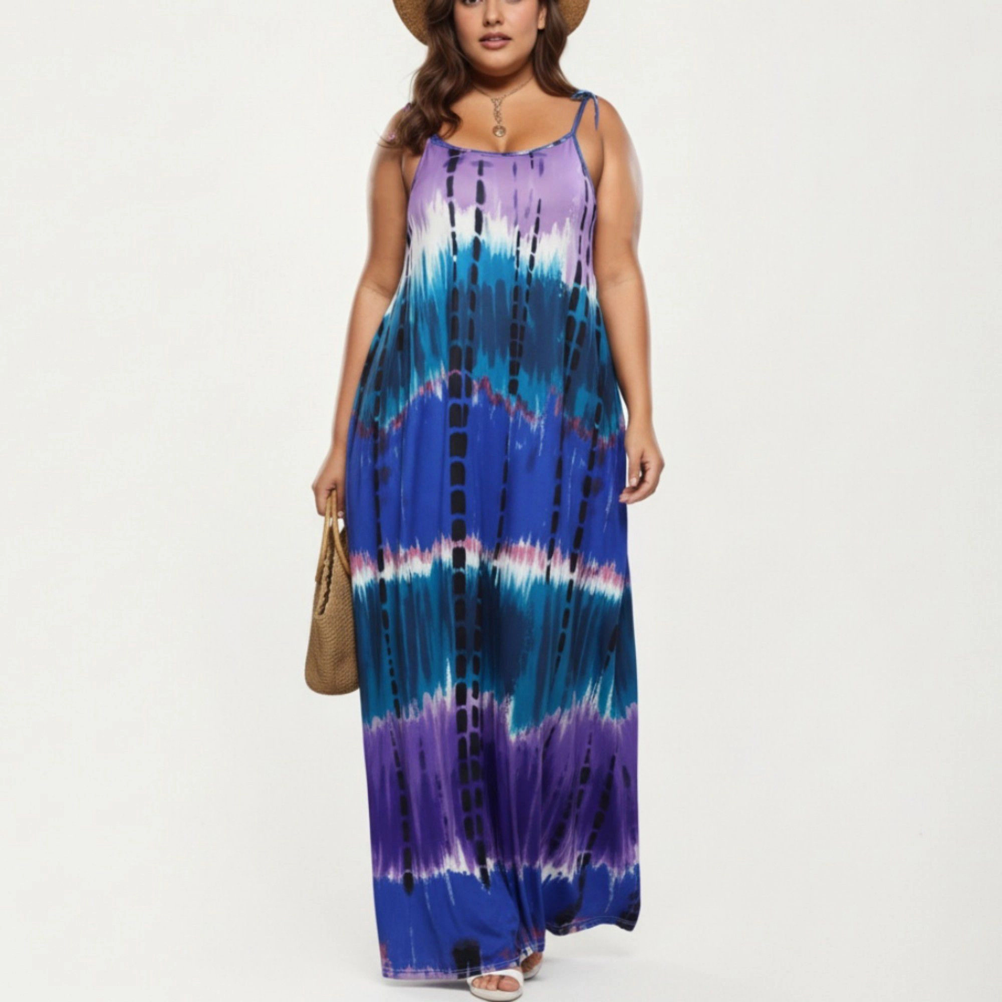Anna-Kaci Women's Plus Adjustable Strap Scoop Neck Tie Dye Print Loose Fit Maxi Dress