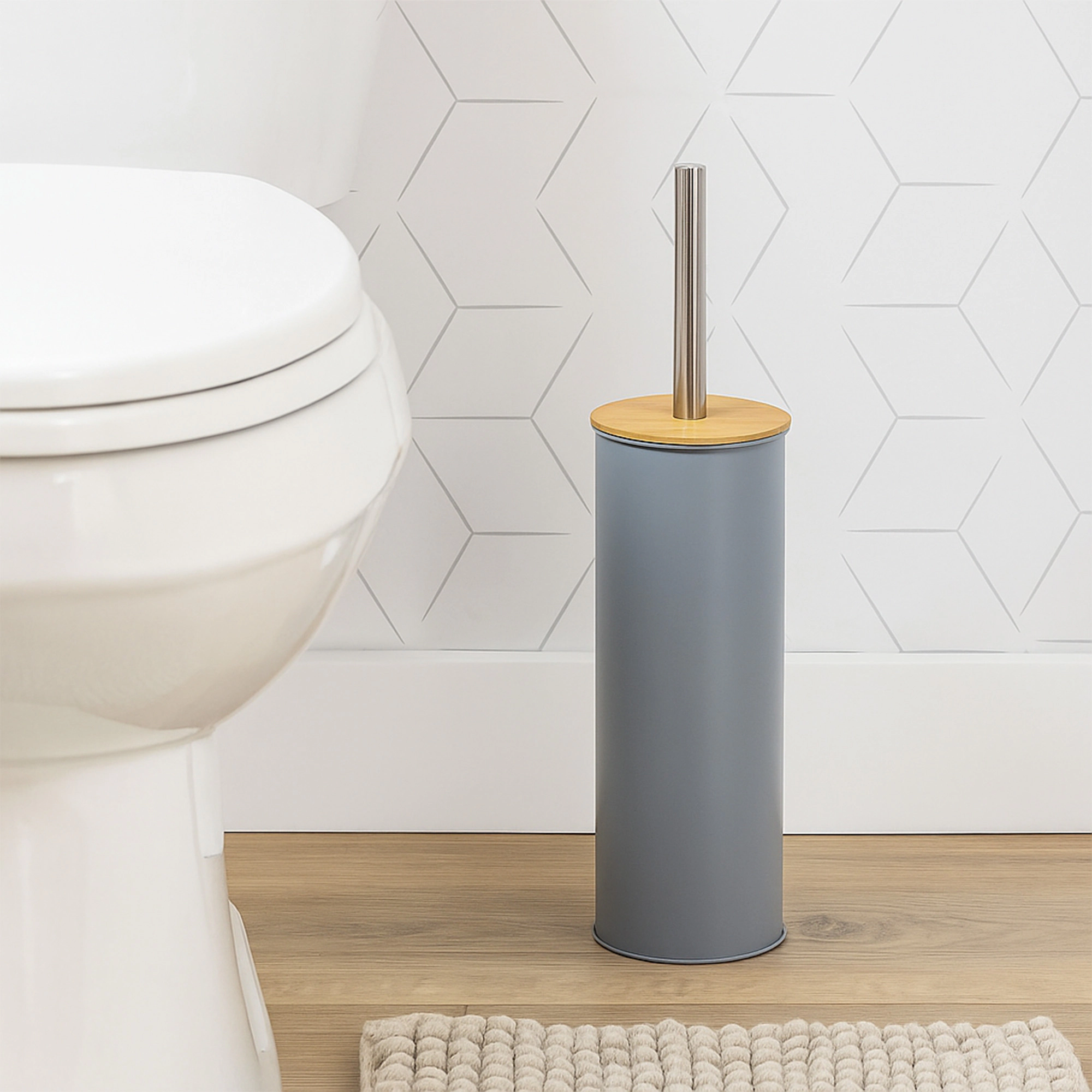 Evideco Toilet Brush with Bamboo Lid, Slim Powder-Coated Steel