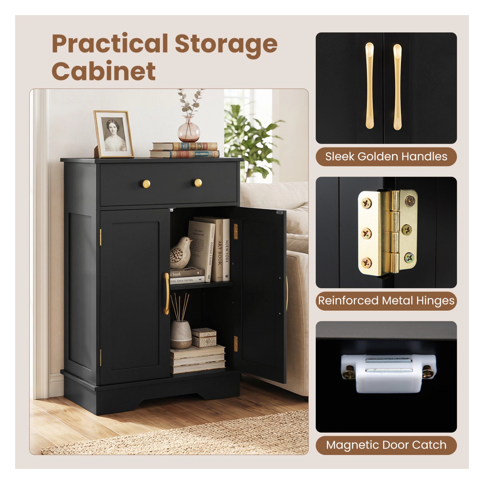 Glintex Modern Sideboard Cabinet with Golden Handles Drawer and 2-Door Storage