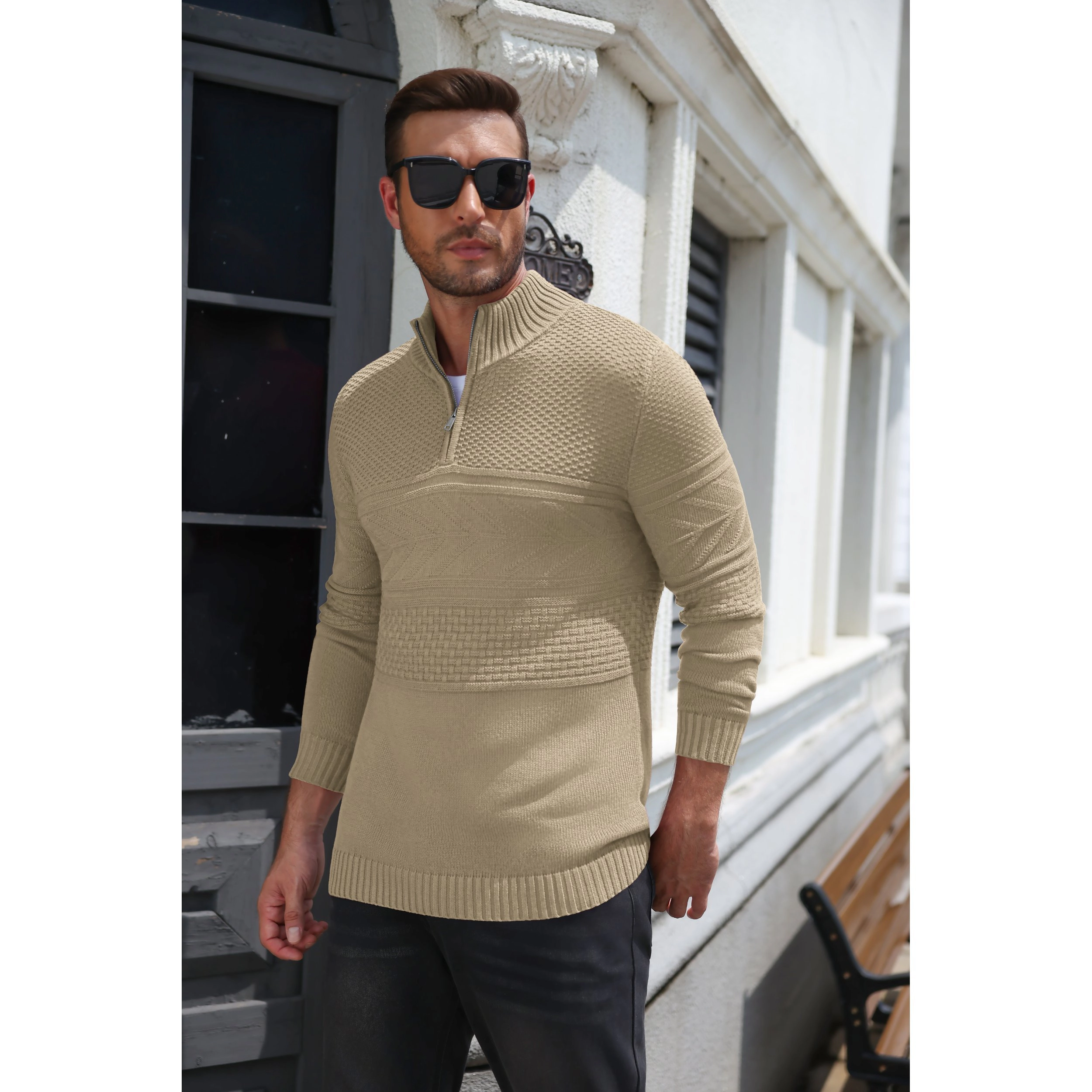 COOFANDY Men's 1/4 Zip Mock Neck Knit Long Sleeve Pullover