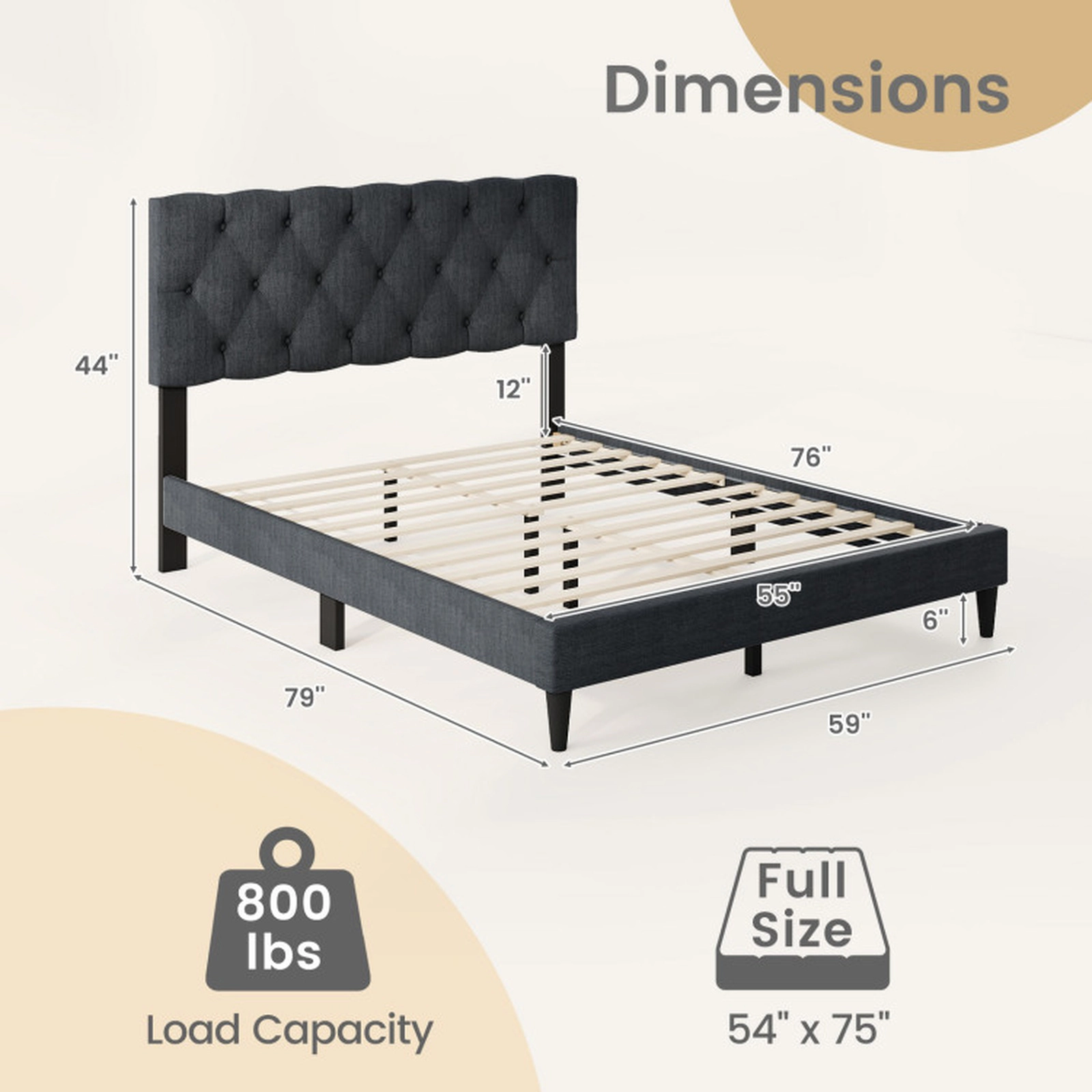 SUGIFT Upholstered Platform Bed with Tufted Headboard and Wooden Slats 800-lb Capacity Full Size Gray