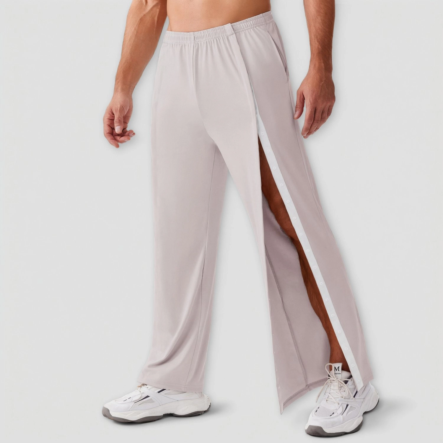 Pinspark Mens Solid Light Gray Track Pants Snap Side Split Wide Leg Lounge