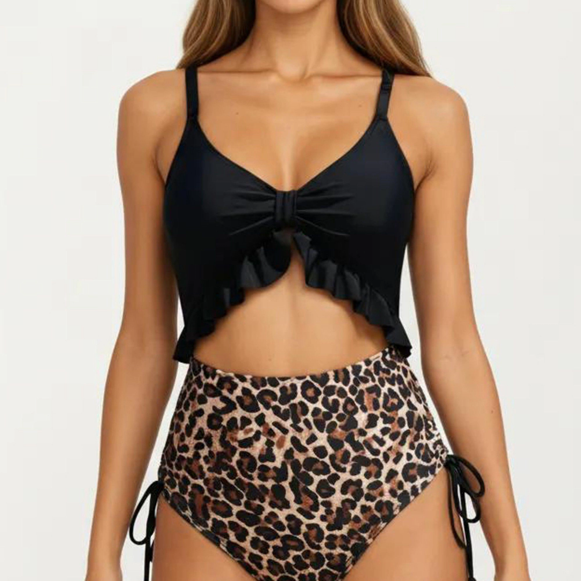 Anna-Kaci Women Cutout One-Piece Swimsuit - Ruffle Front Tie, High-Waisted Leopard Print