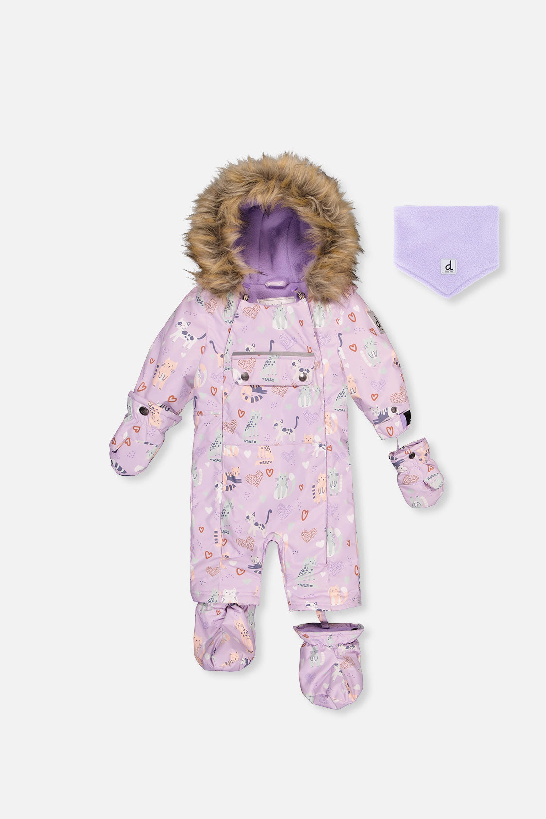 Deux par Girls Cat Print One Piece Snowsuit Adapted for Car Seats with Detachable Hood