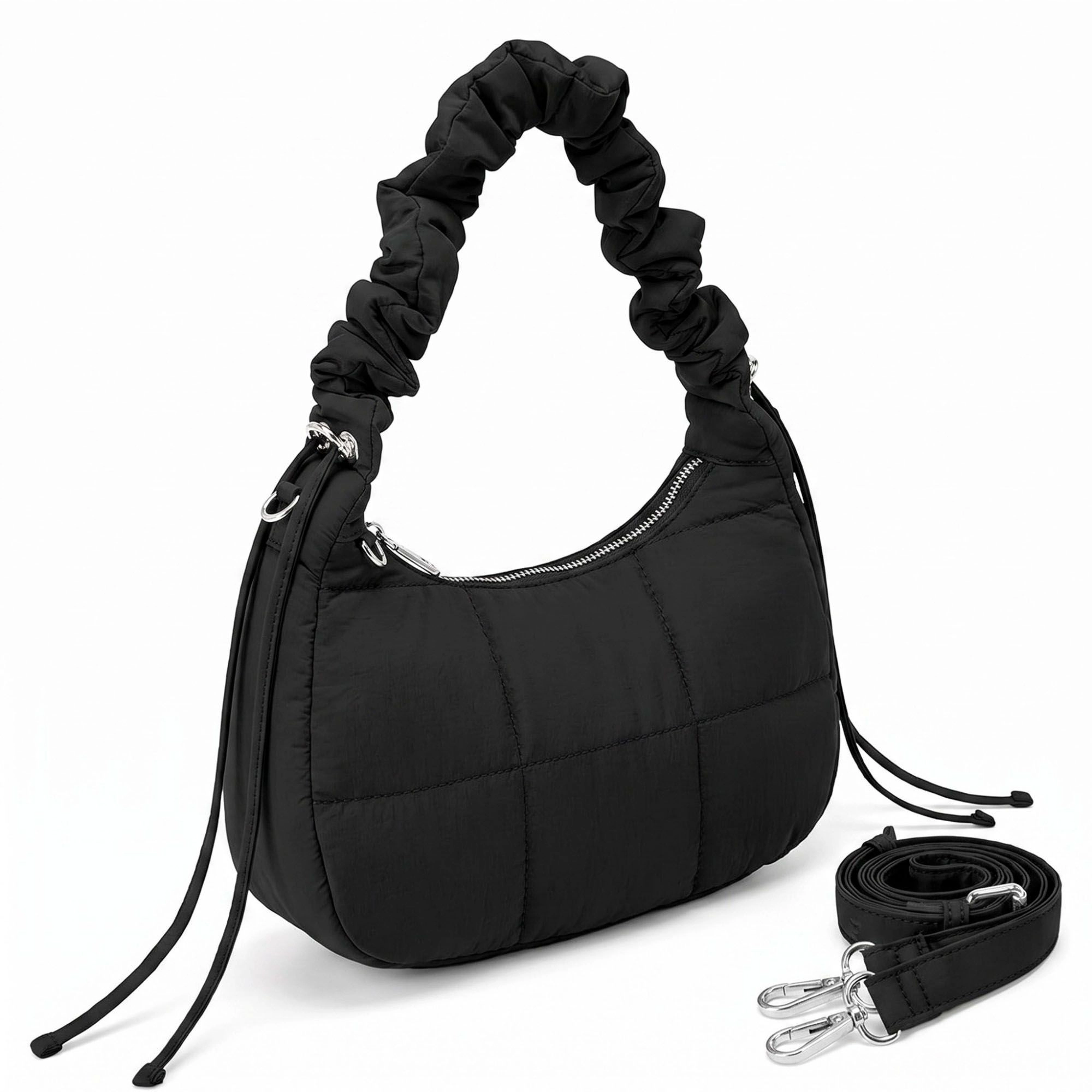 Alilang Women's Quilted Crescent Shoulder Bag with Ruched Handle and Detachable Crossbody Strap 10.5x4x6in