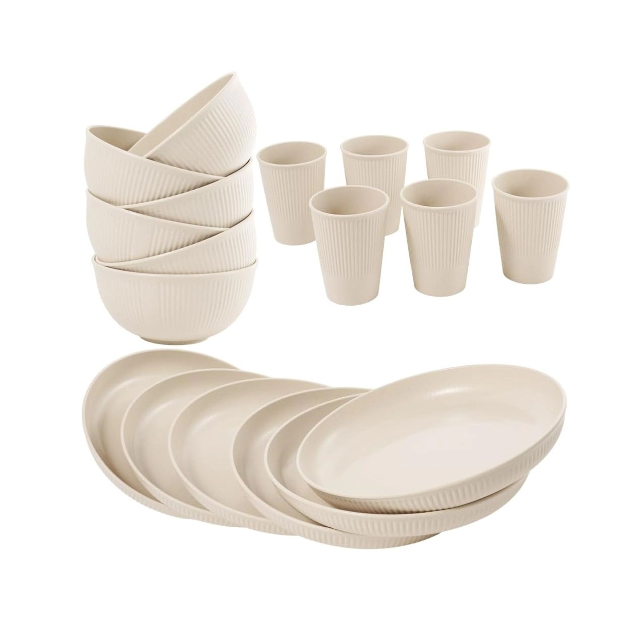 Stock Preferred Pack of 6 Wheat Straw Dinnerware Set for 6 with Plates Bowls Cups and Cutlery