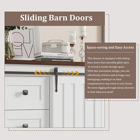 BebreezChic Farmhouse 5-Drawer Dresser for Bedroom, Wood Chest with Sliding Barn Door, Adjustable Shelf