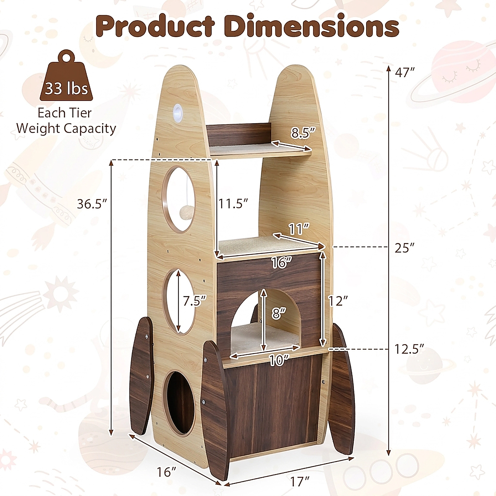 SUGIFT 47-in Rocket-Shaped Large Wooden Cat Tree Tower with Guardrail Top Perch 3 Entries and Sisal Pad